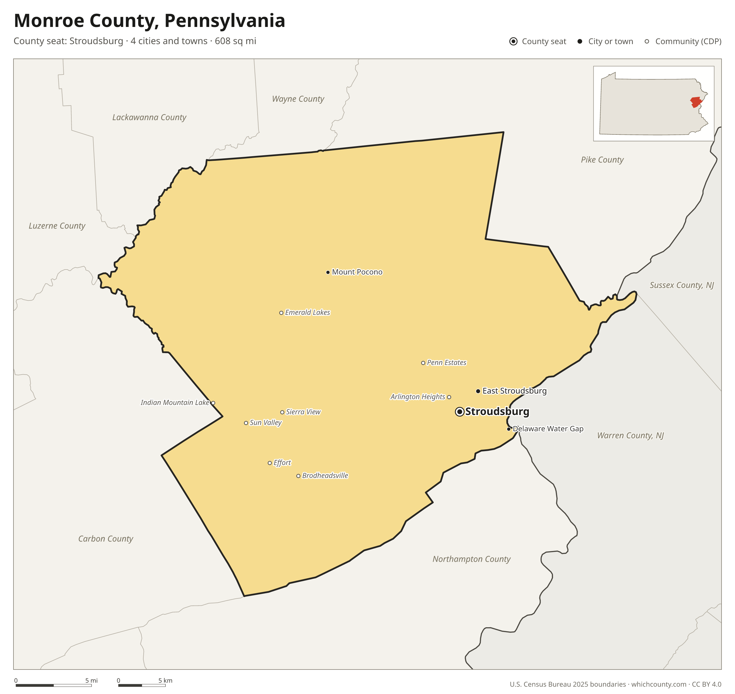 Map of Monroe County, Pennsylvania with cities, towns and the county boundary