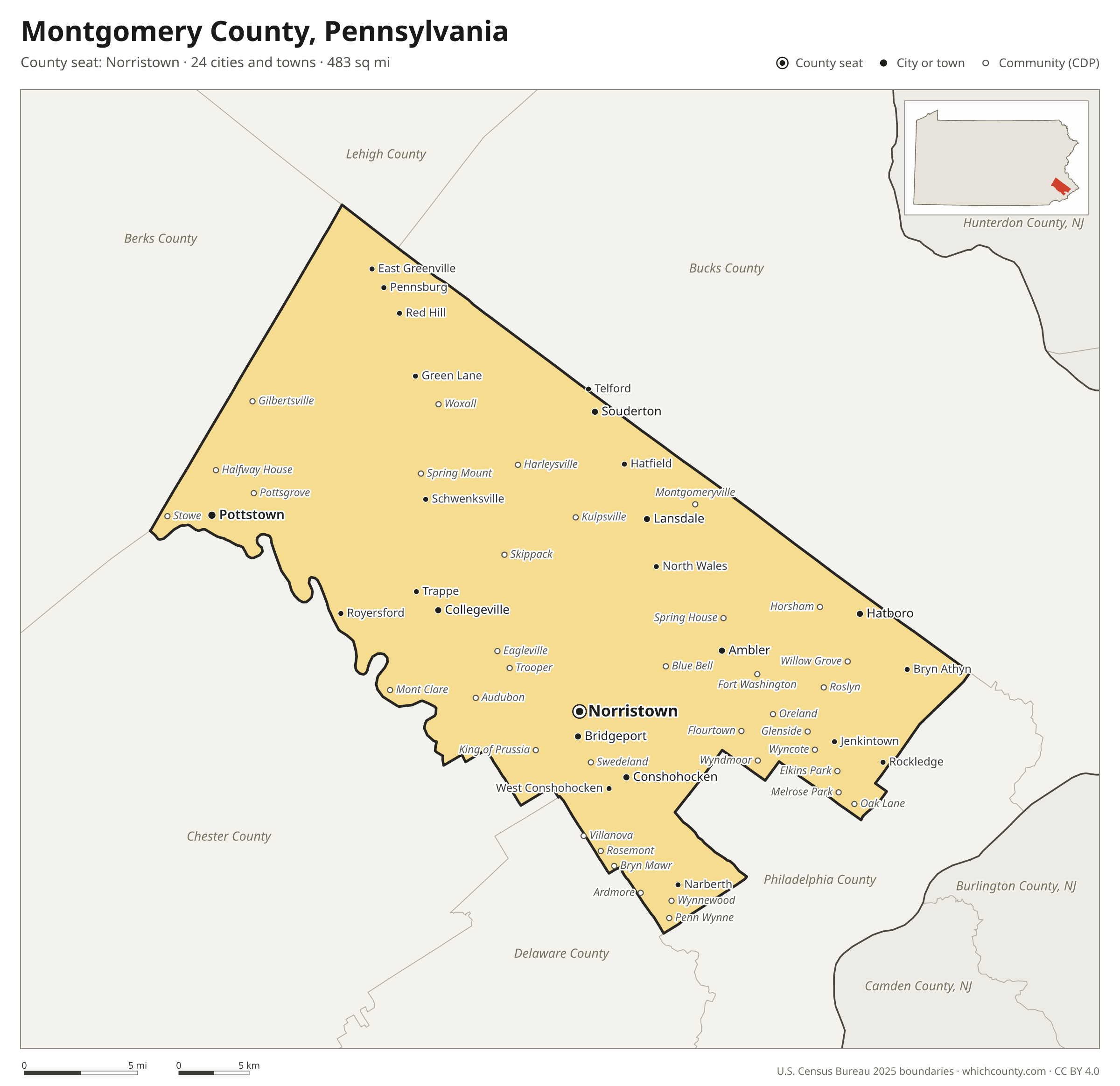 Map of Montgomery County, Pennsylvania with cities, towns and the county boundary