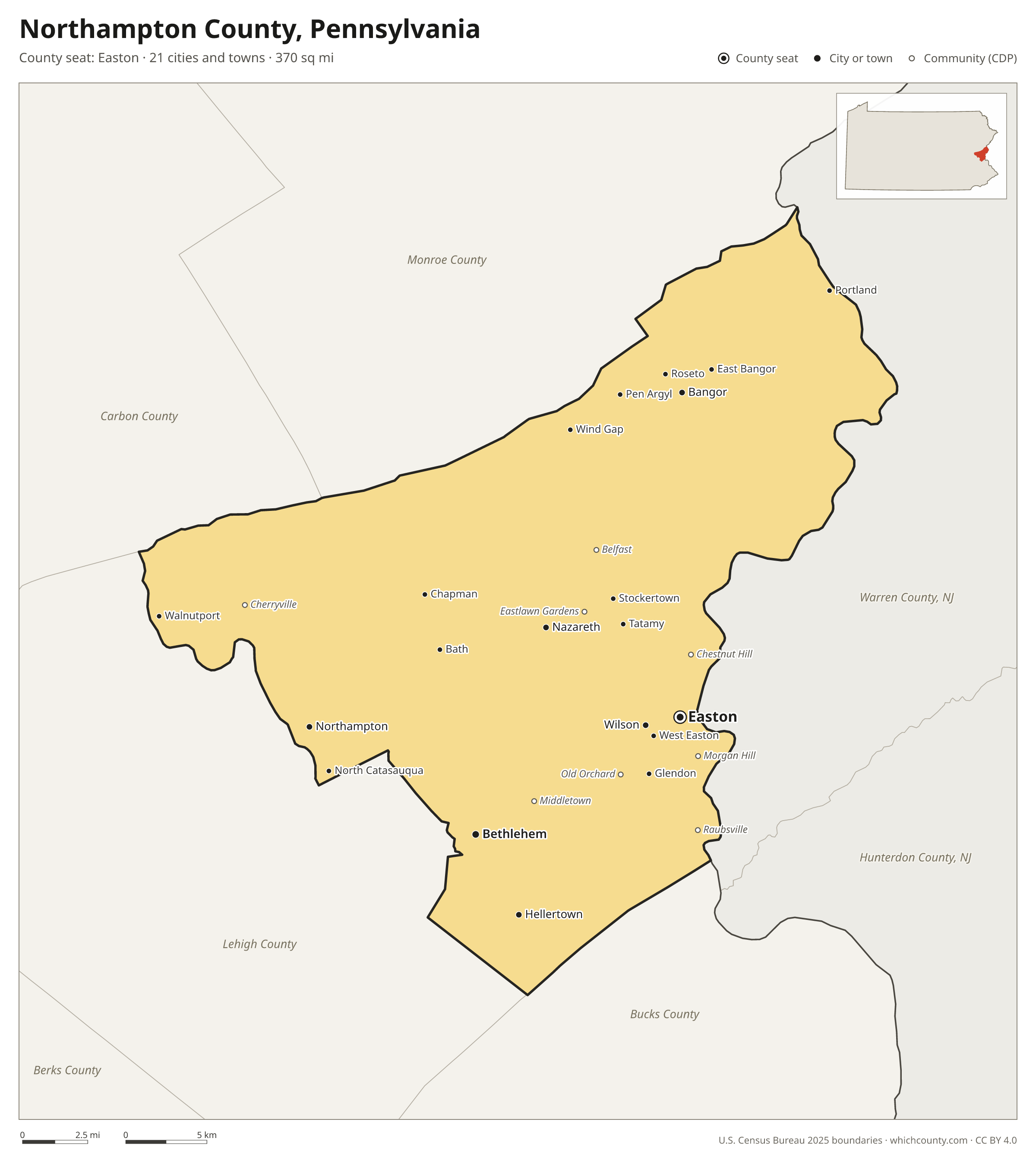 Map of Northampton County, Pennsylvania with cities, towns and the county boundary