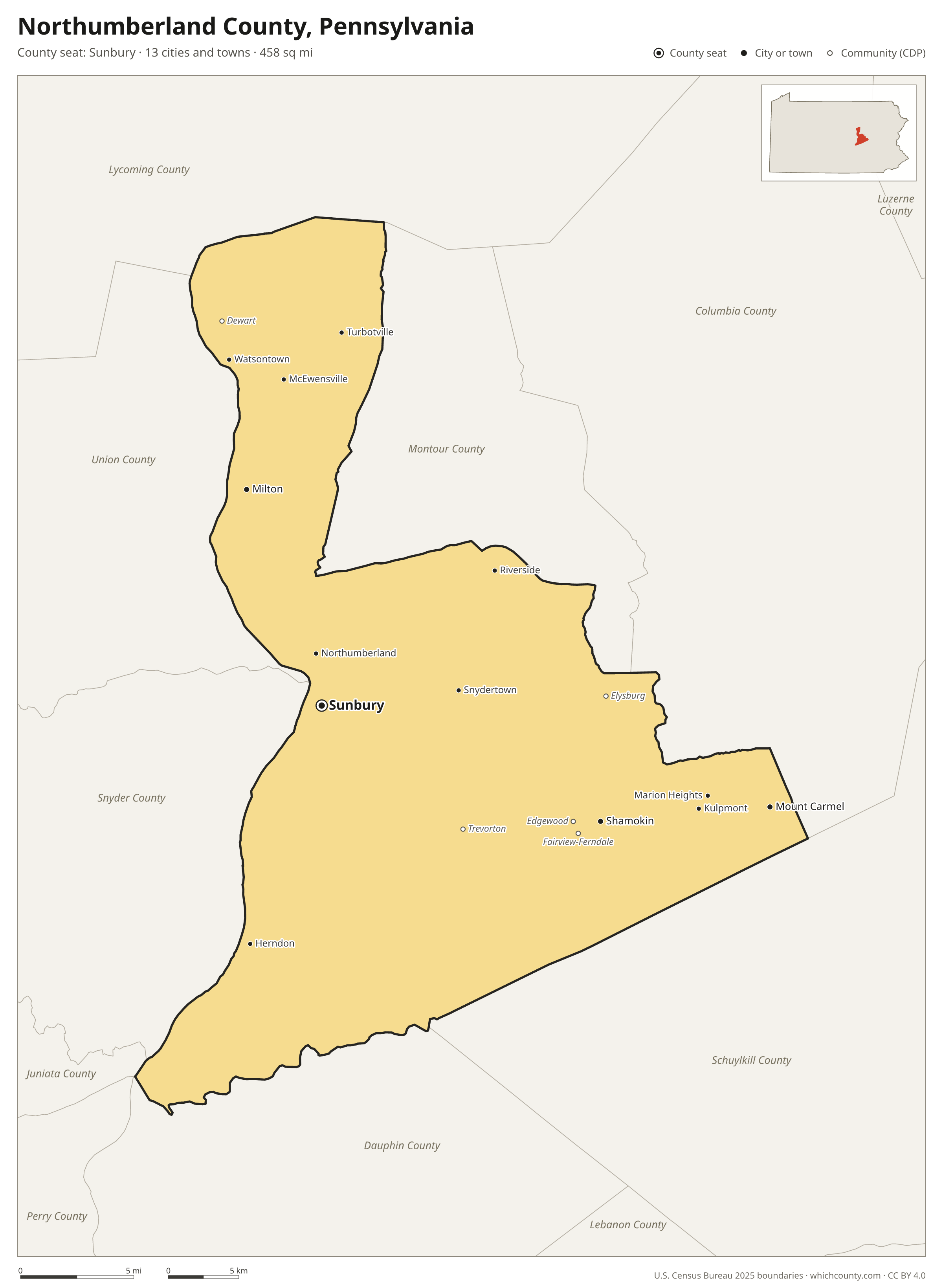 Map of Northumberland County, Pennsylvania with cities, towns and the county boundary