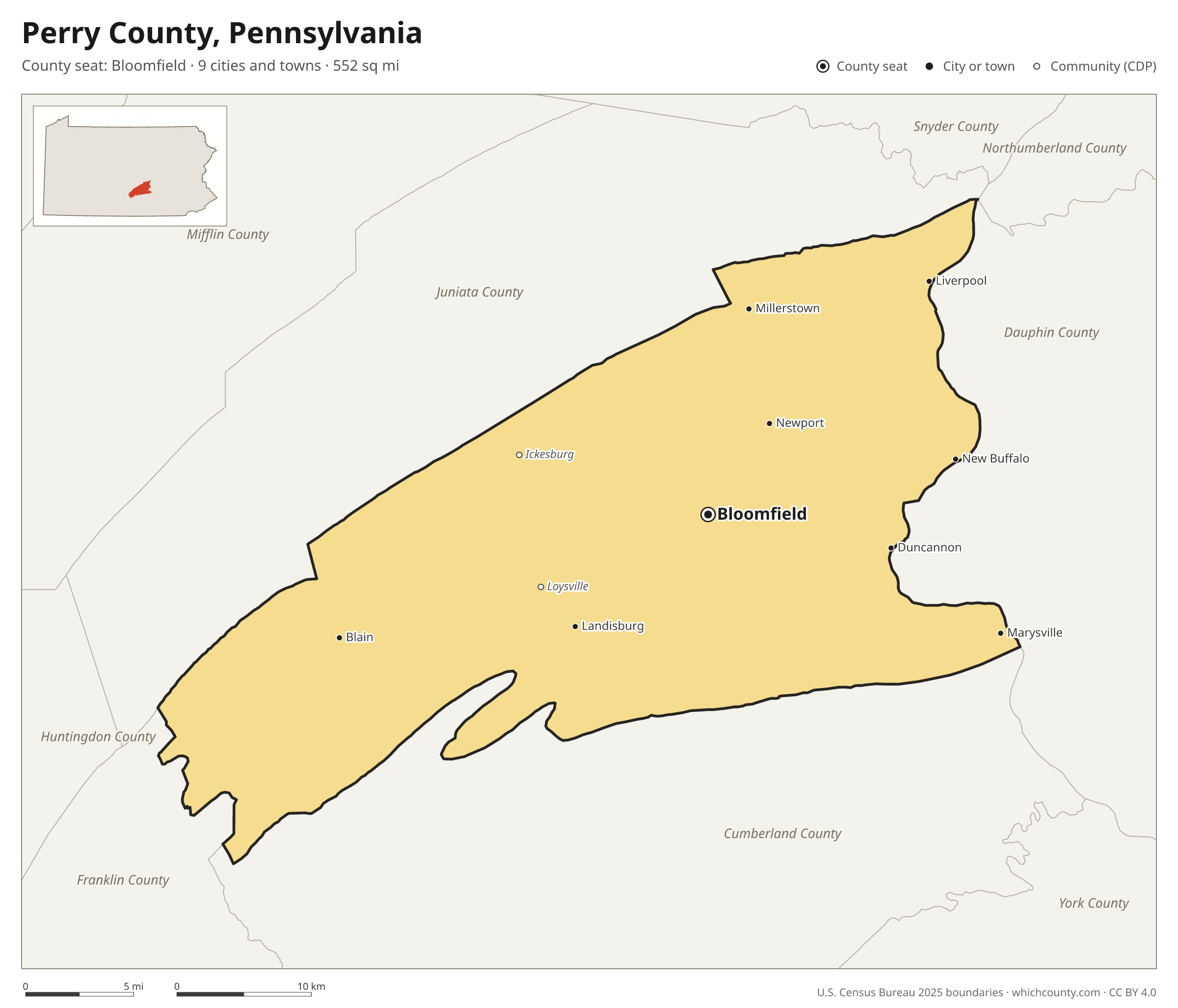 Map of Perry County, Pennsylvania with cities, towns and the county boundary