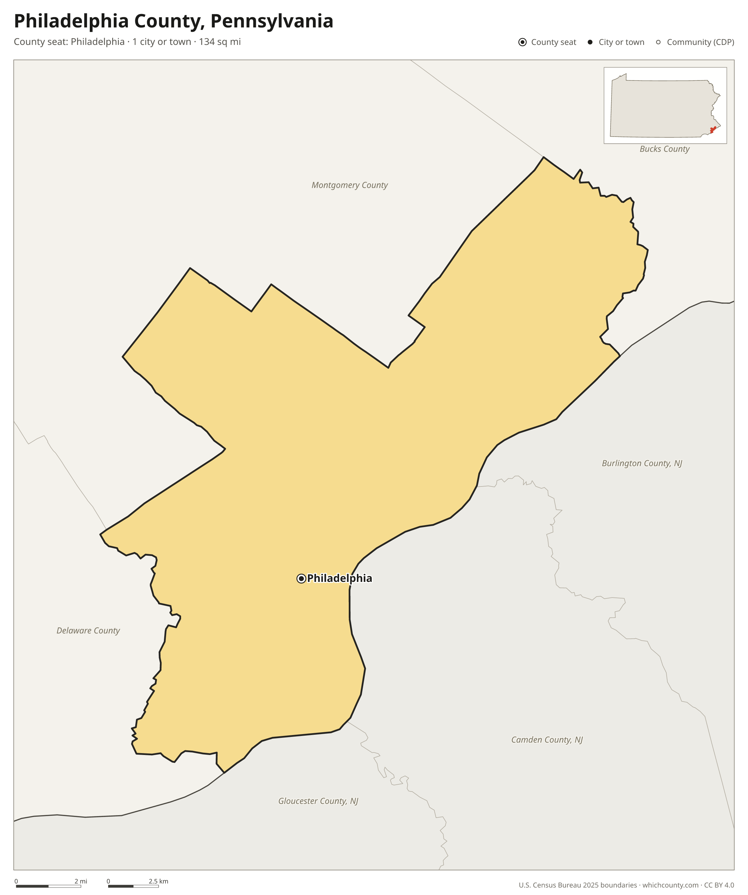 Map of Philadelphia County, Pennsylvania with cities, towns and the county boundary