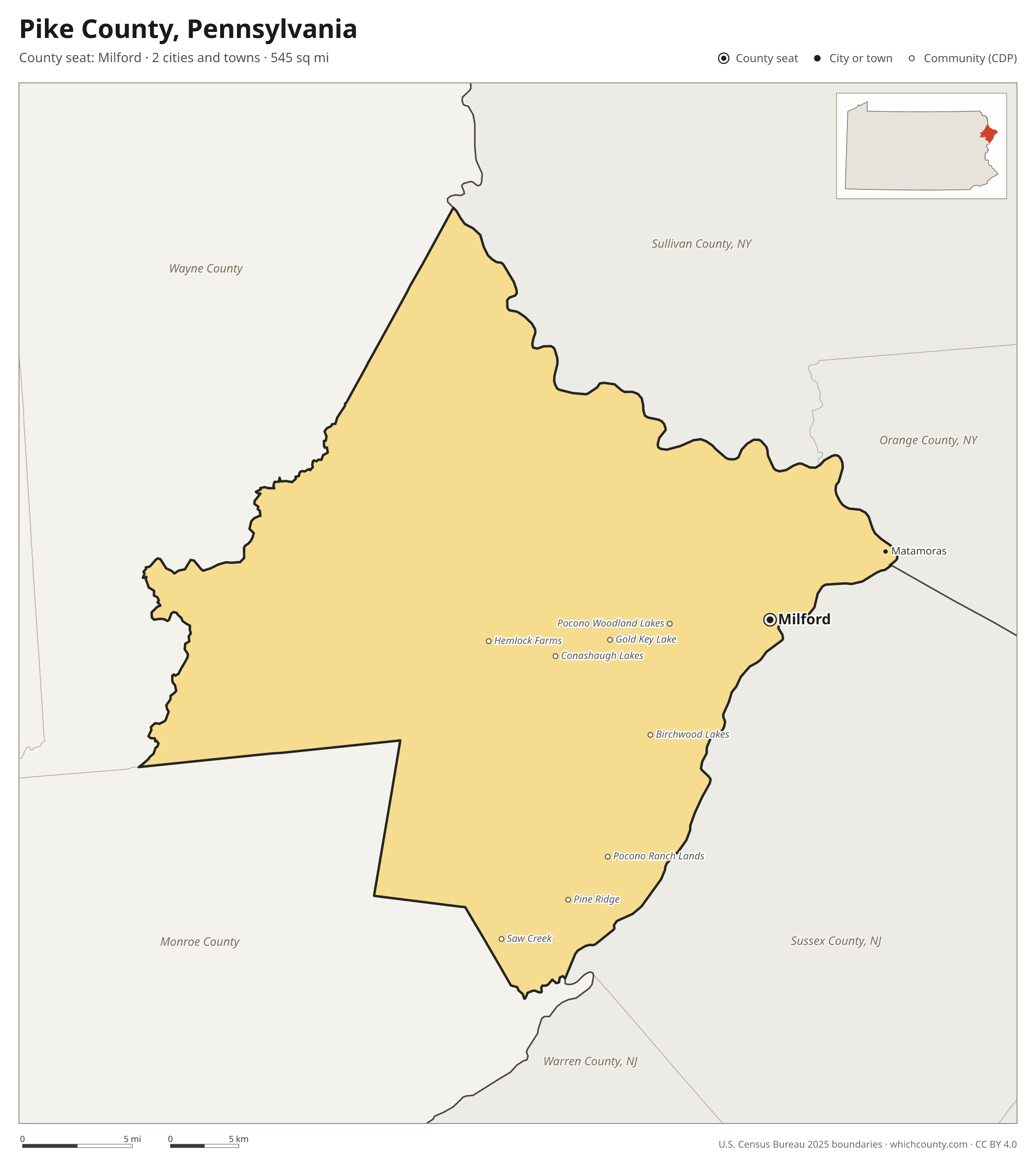 Map of Pike County, Pennsylvania with cities, towns and the county boundary