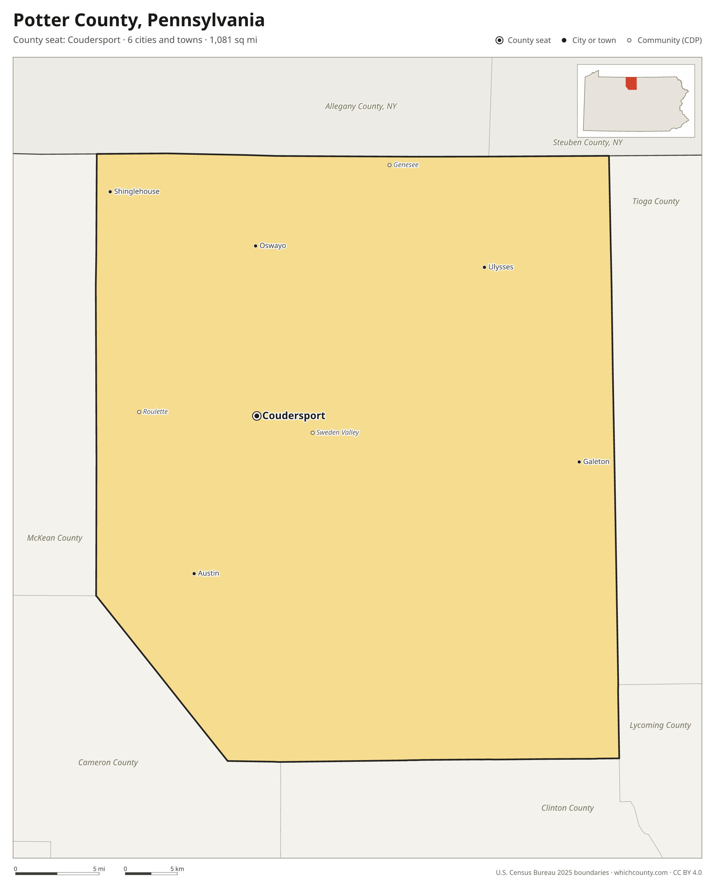 Map of Potter County, Pennsylvania with cities, towns and the county boundary