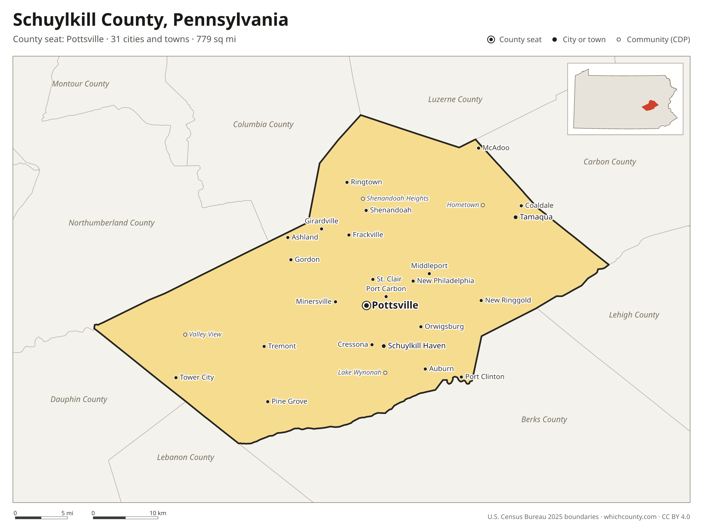 Map of Schuylkill County, Pennsylvania with cities, towns and the county boundary