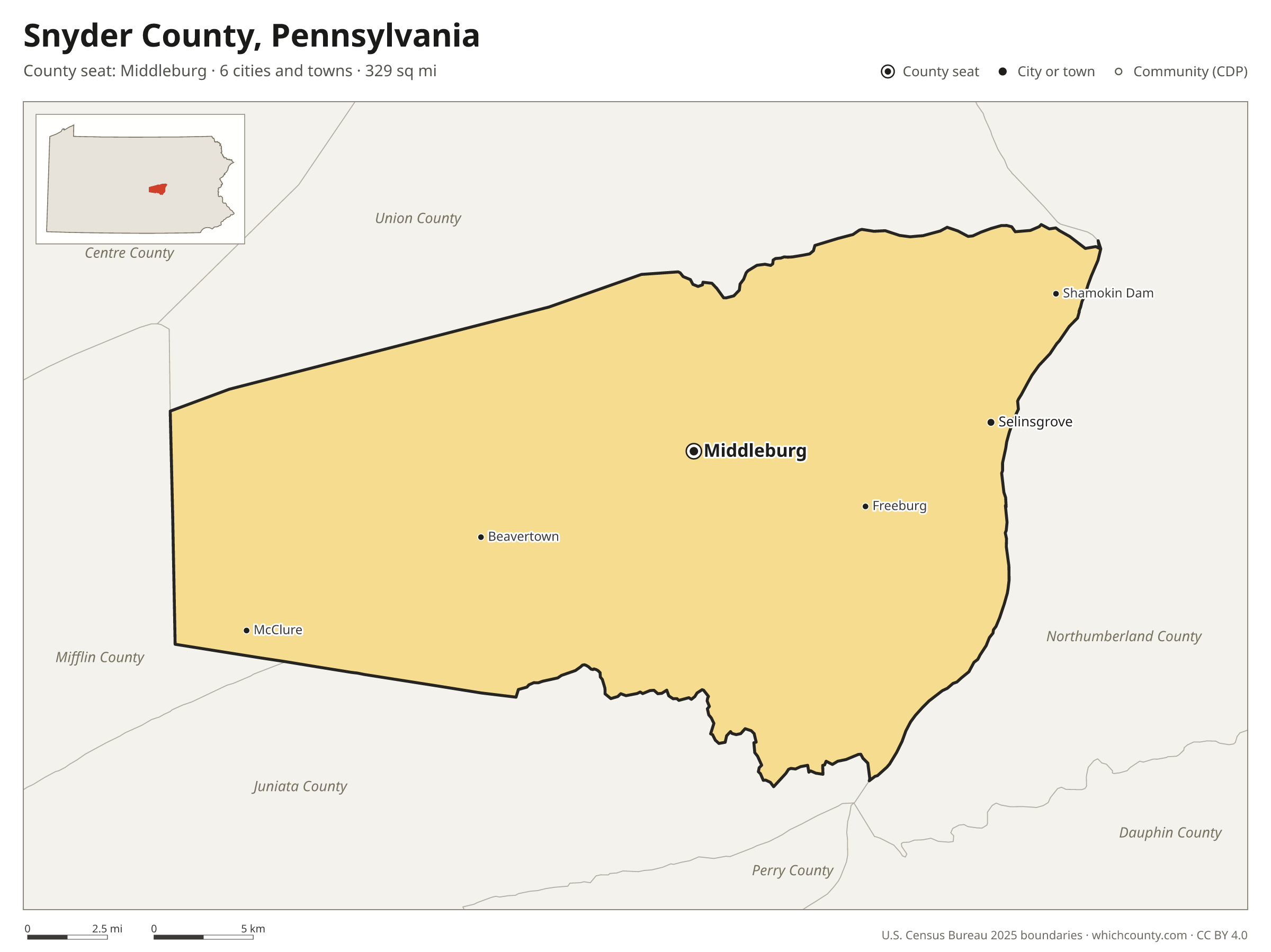 Map of Snyder County, Pennsylvania with cities, towns and the county boundary