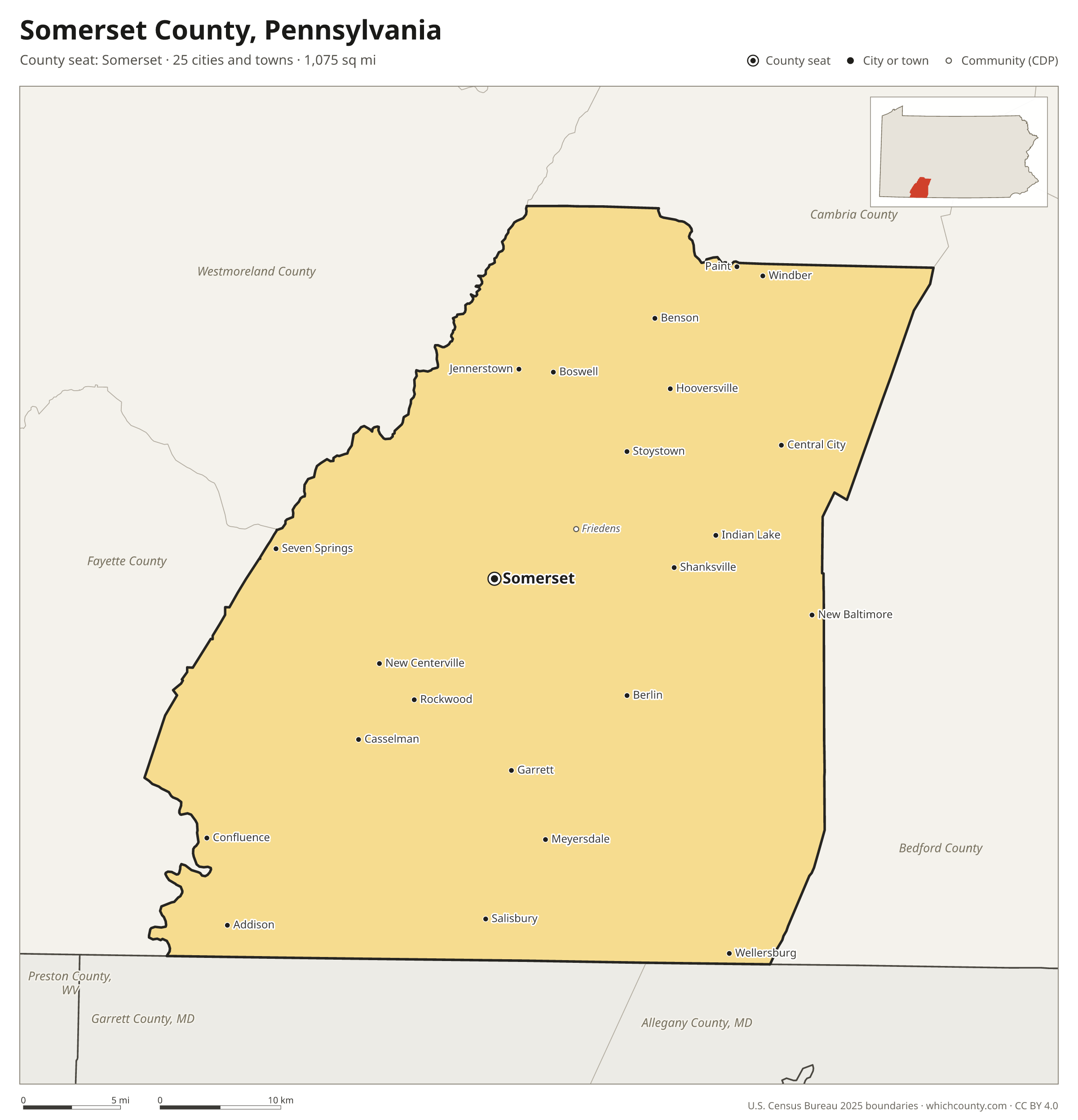 Map of Somerset County, Pennsylvania with cities, towns and the county boundary