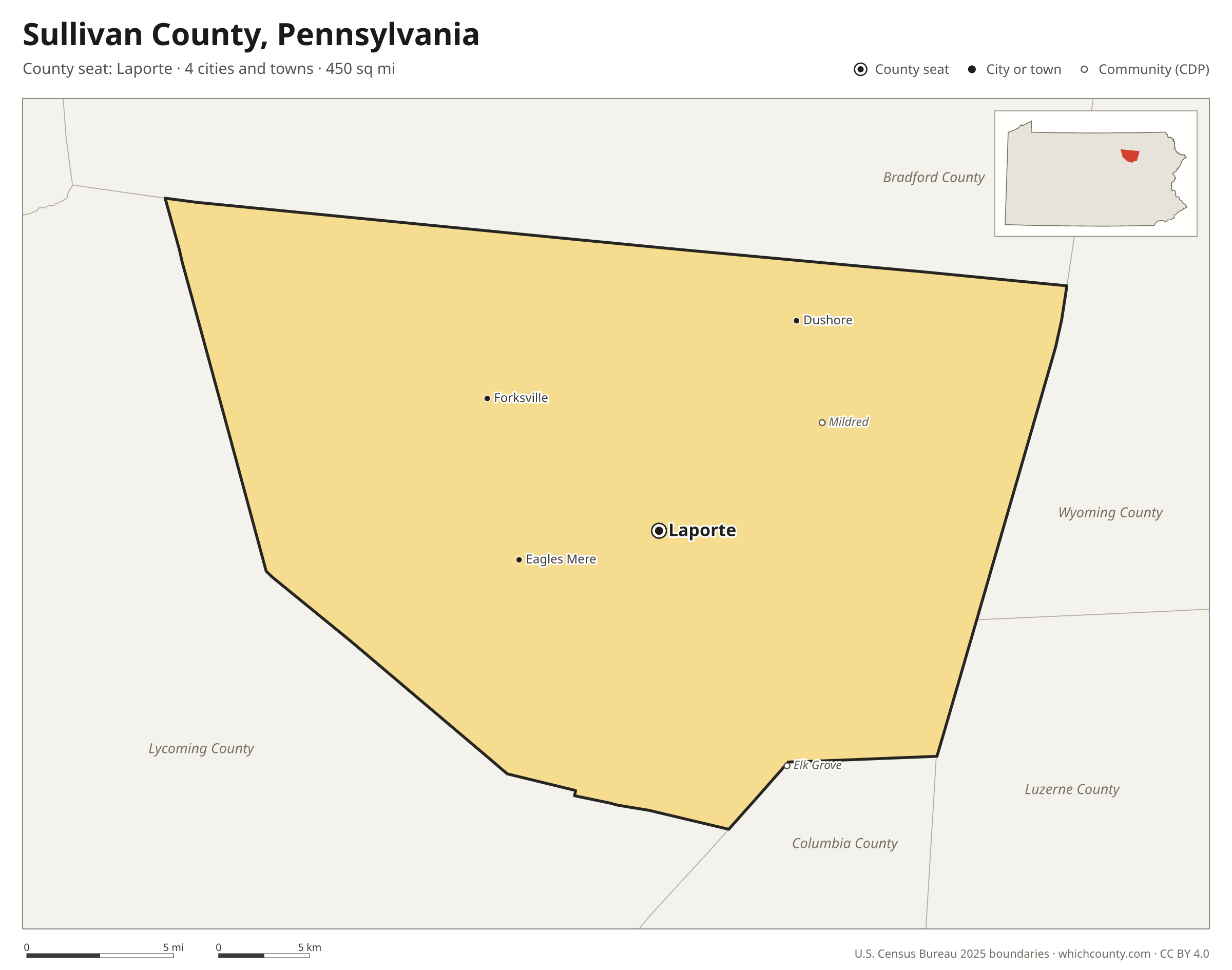 Map of Sullivan County, Pennsylvania with cities, towns and the county boundary