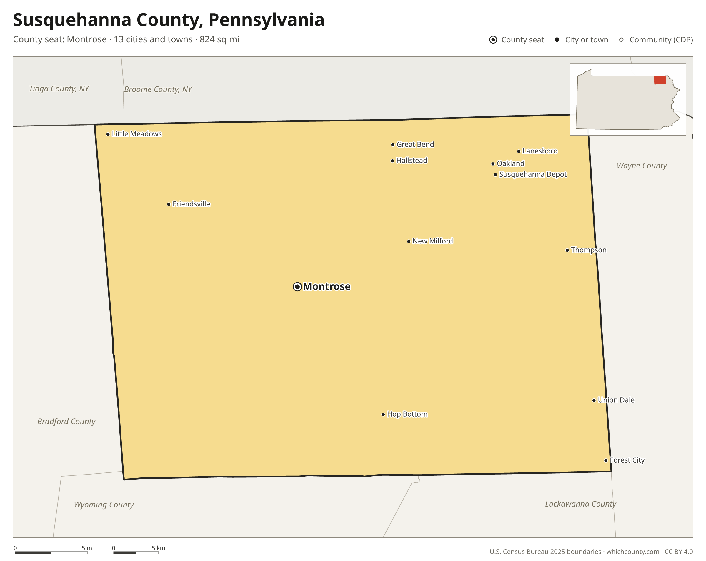 Map of Susquehanna County, Pennsylvania with cities, towns and the county boundary