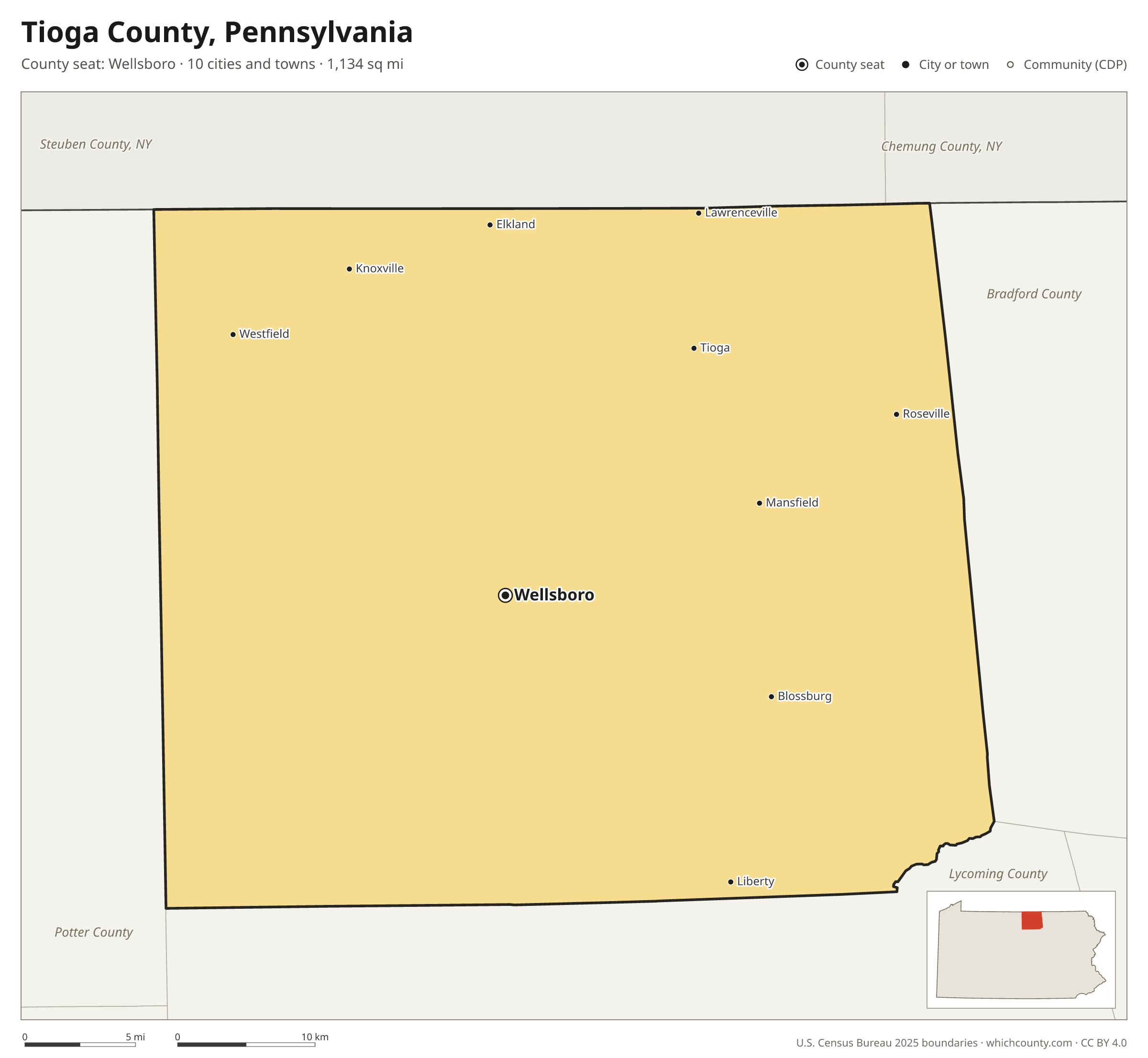 Map of Tioga County, Pennsylvania with cities, towns and the county boundary