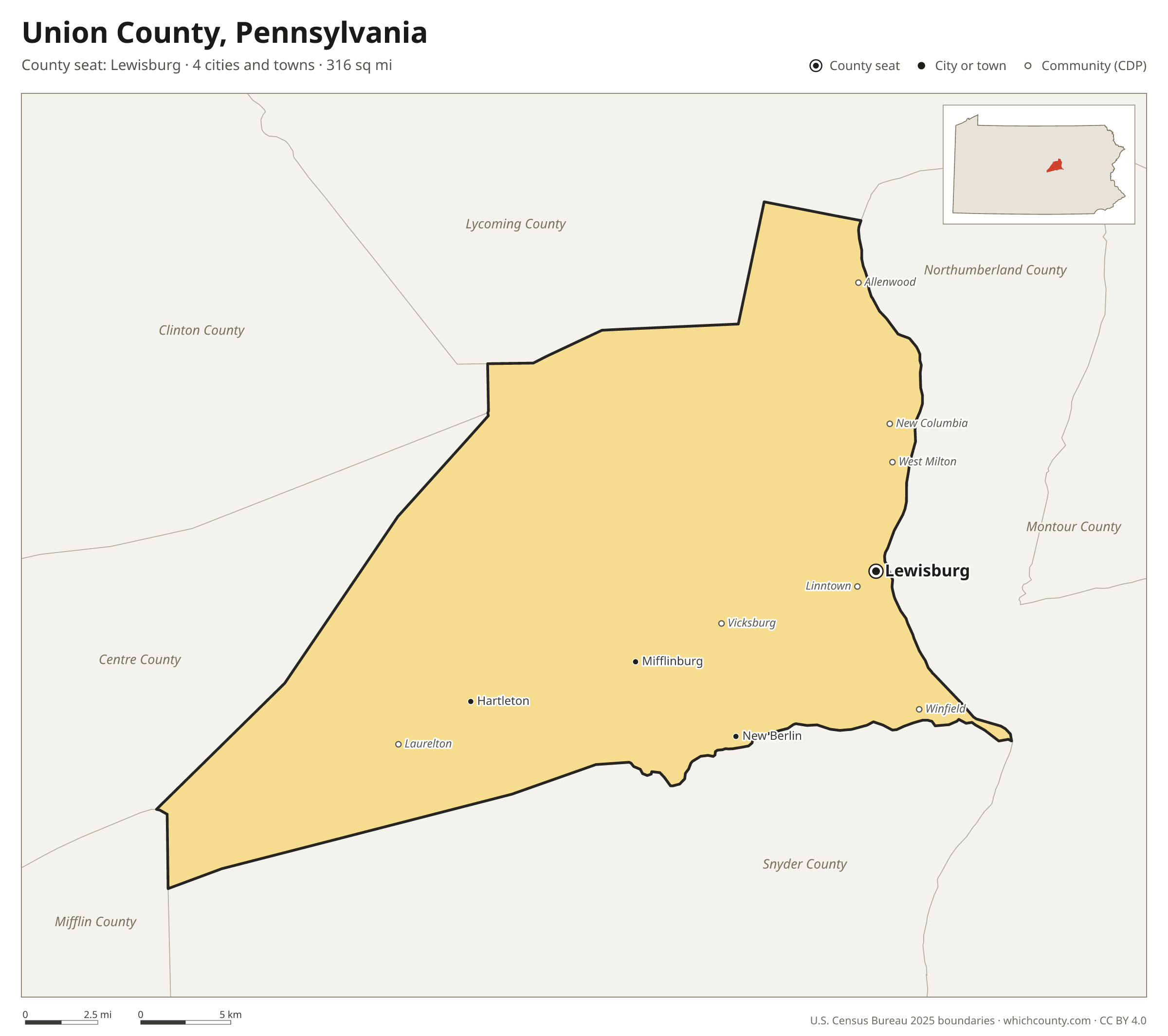 Map of Union County, Pennsylvania with cities, towns and the county boundary