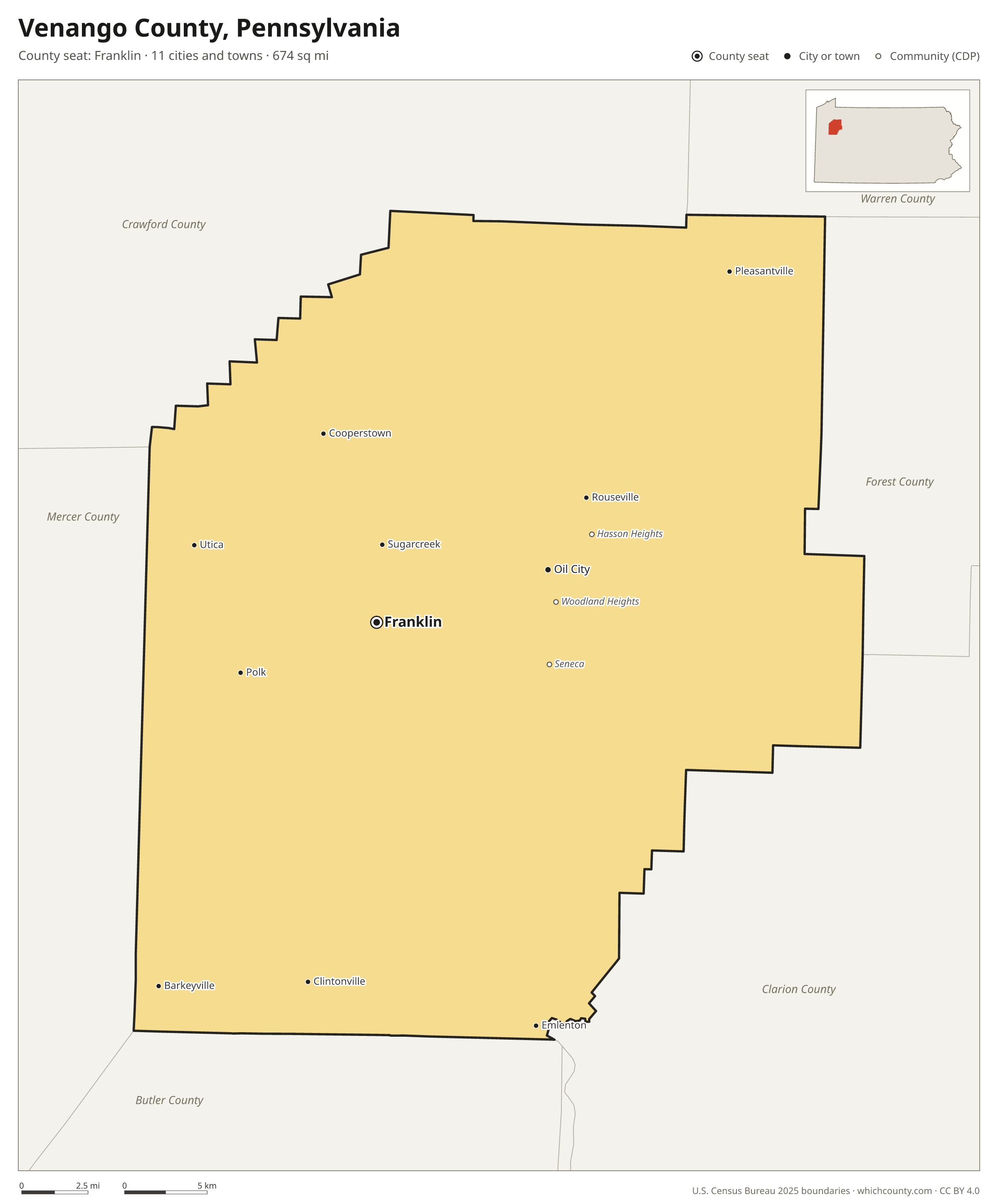 Map of Venango County, Pennsylvania with cities, towns and the county boundary