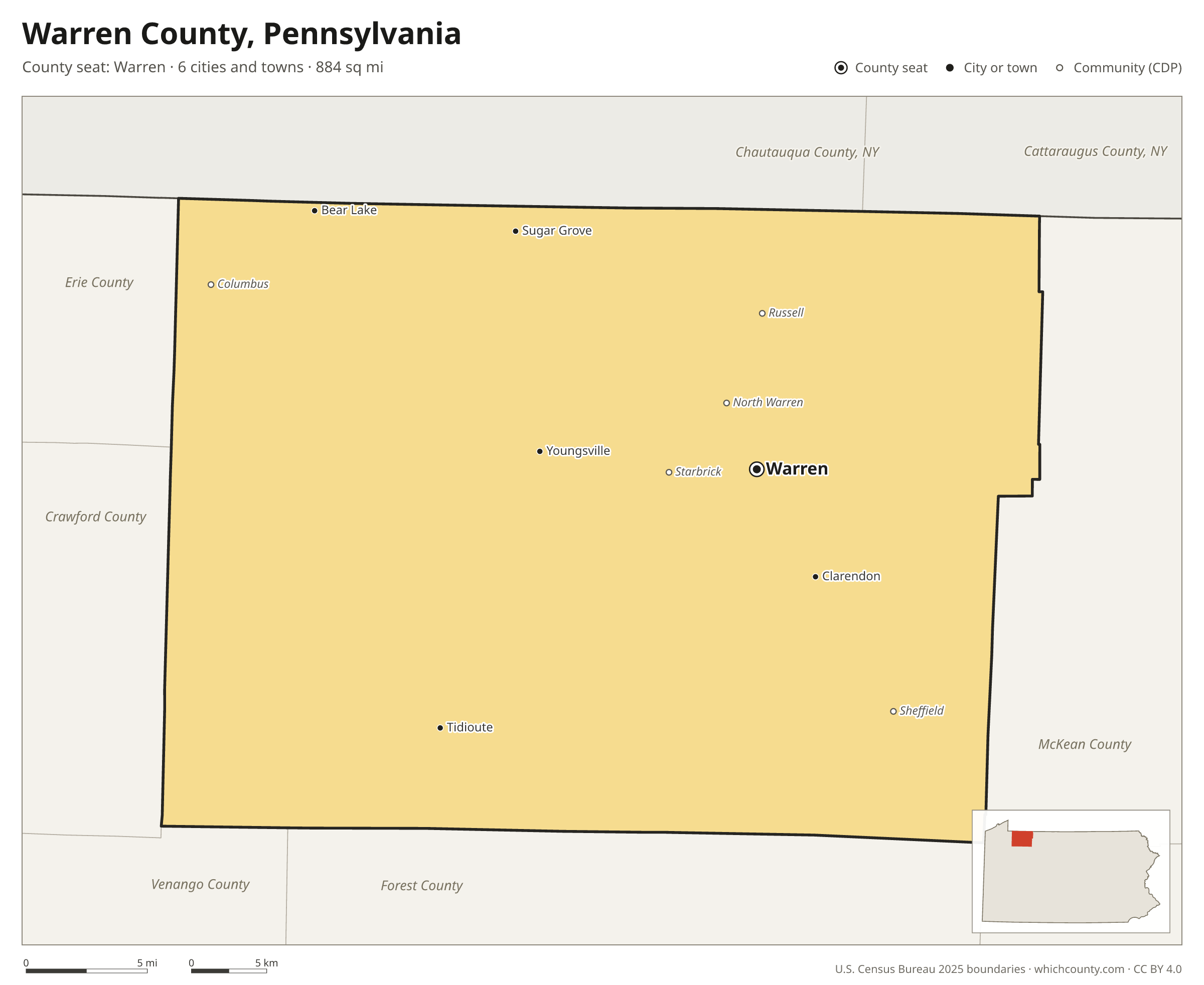 Map of Warren County, Pennsylvania with cities, towns and the county boundary