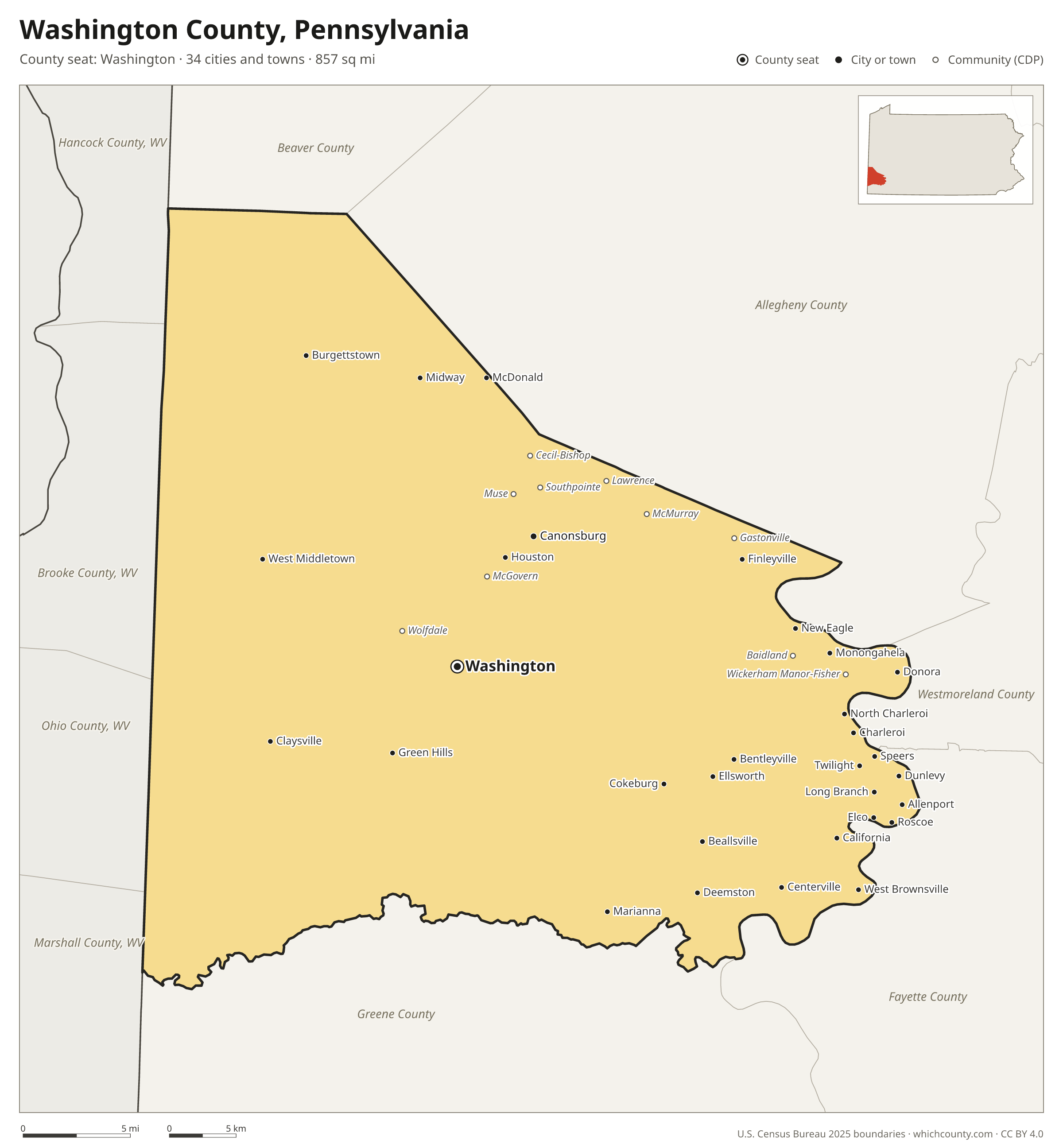 Map of Washington County, Pennsylvania with cities, towns and the county boundary