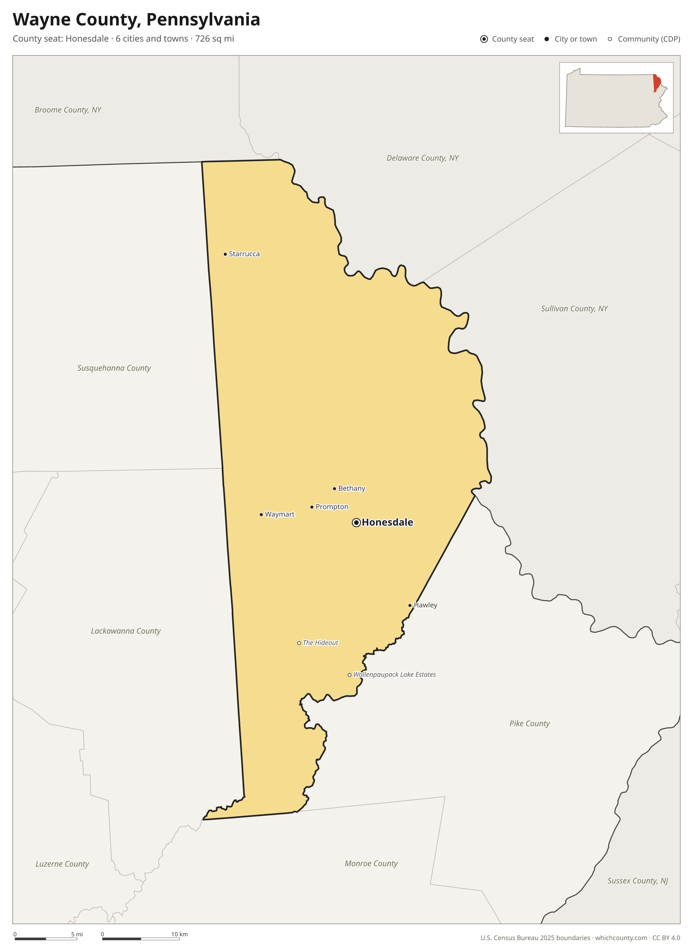 Map of Wayne County, Pennsylvania with cities, towns and the county boundary