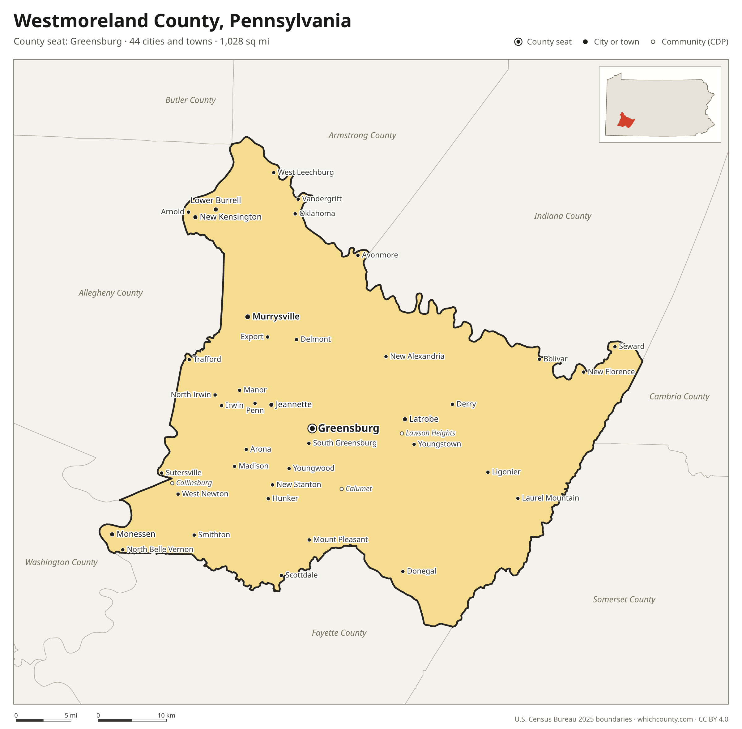 Map of Westmoreland County, Pennsylvania with cities, towns and the county boundary