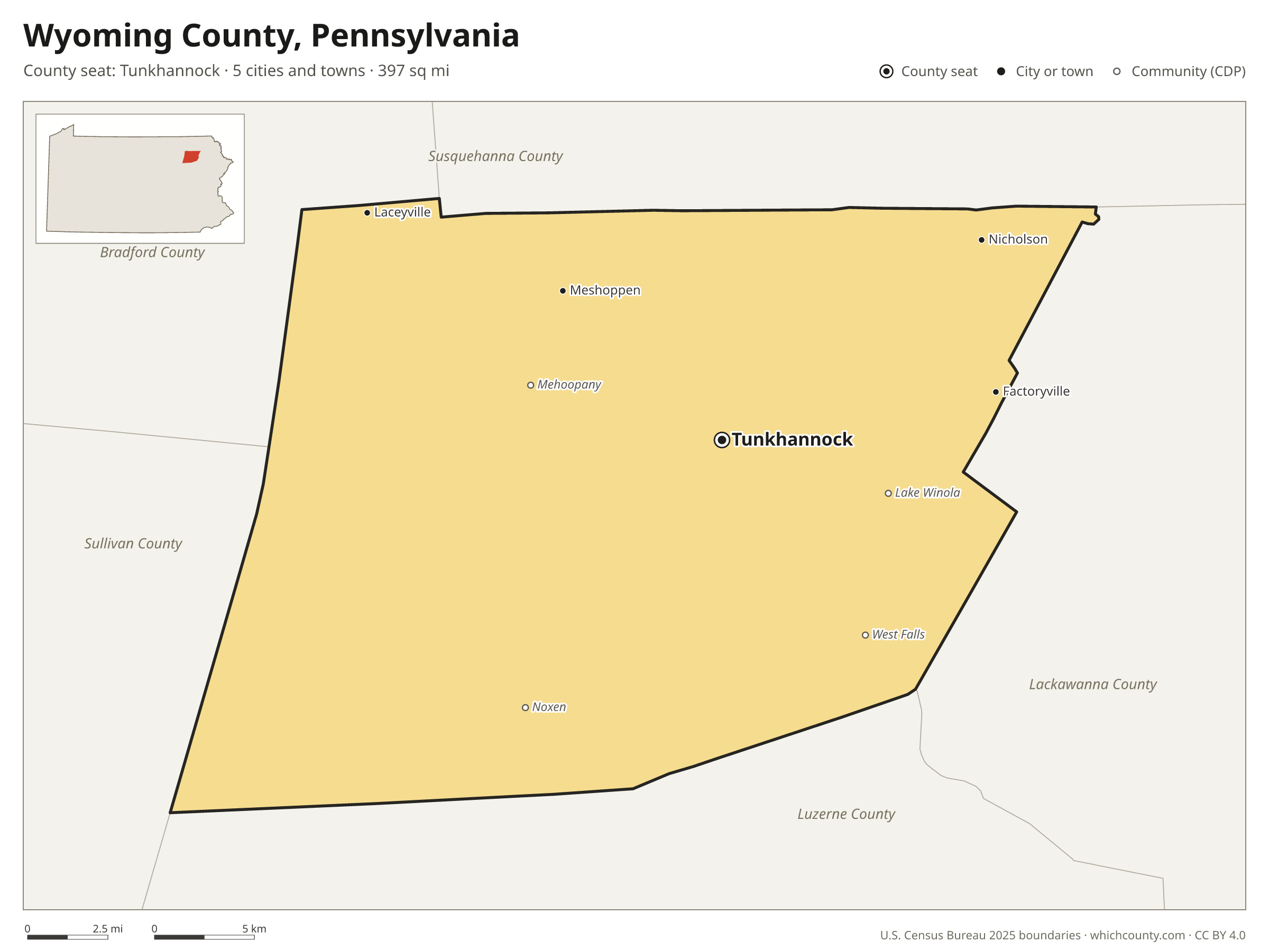 Map of Wyoming County, Pennsylvania with cities, towns and the county boundary