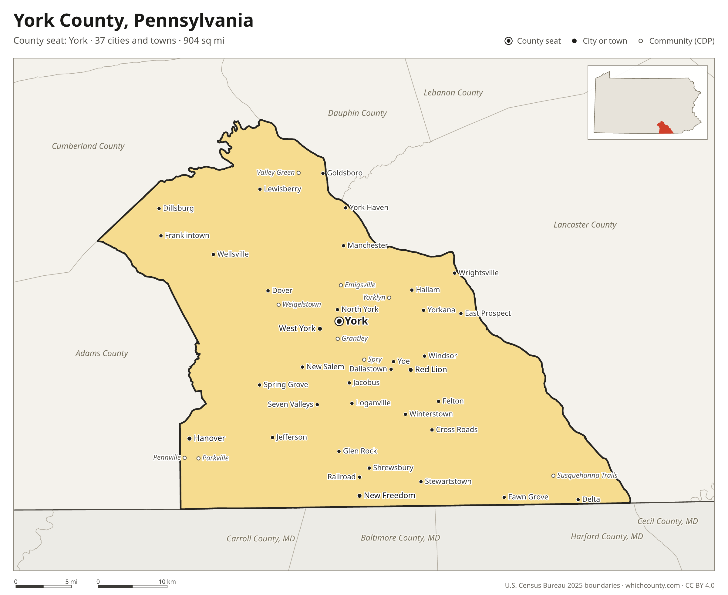 Map of York County, Pennsylvania with cities, towns and the county boundary
