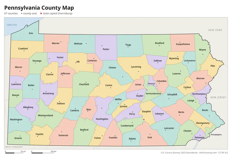 Pennsylvania county map with all 67 counties labeled