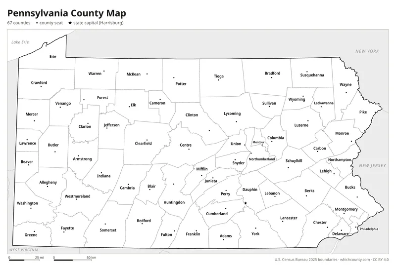 Black and white Pennsylvania county map