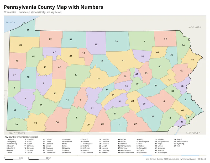 Pennsylvania county map with numbers