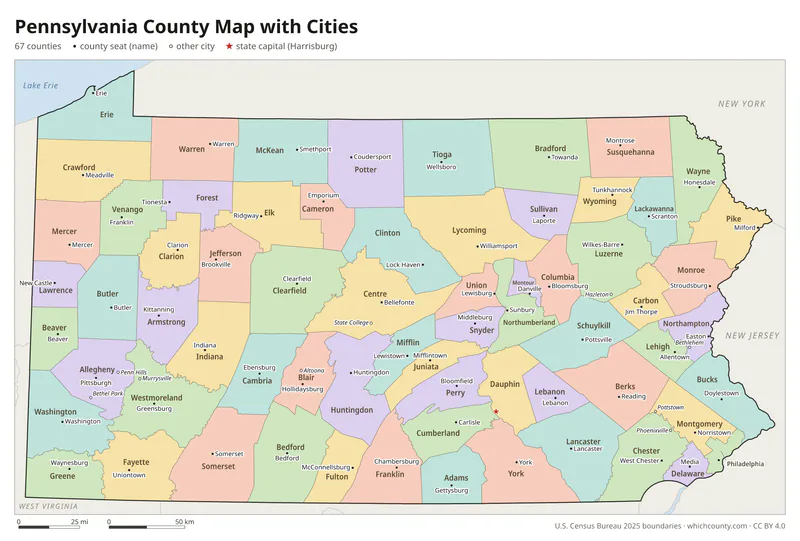 Pennsylvania county map with cities and county seats