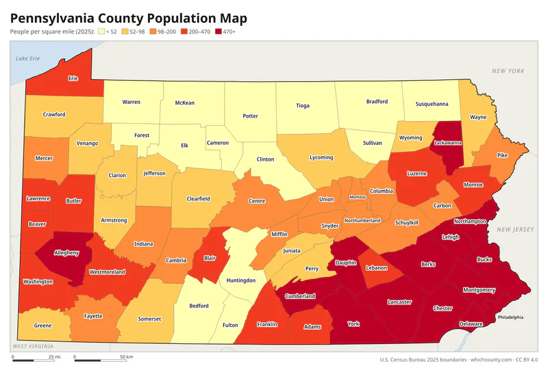 Map of Pennsylvania counties shaded by population density