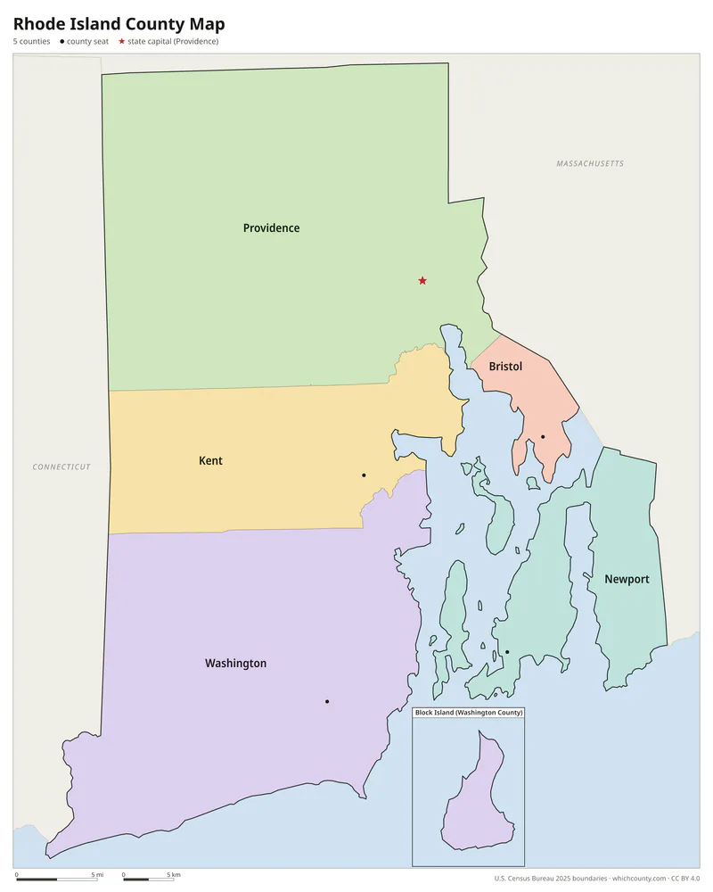 Rhode Island county map with all 5 counties labeled
