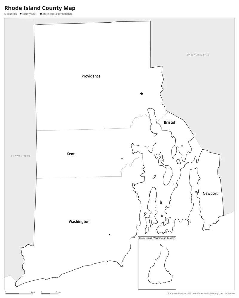 Black and white Rhode Island county map
