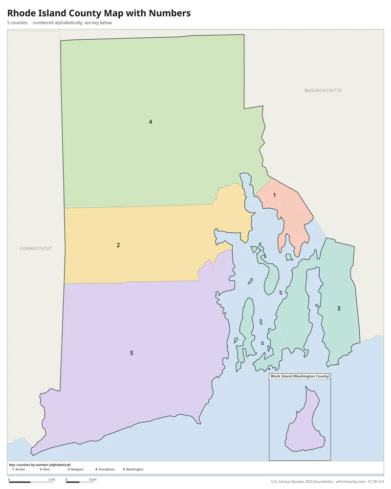 Rhode Island county map with numbers