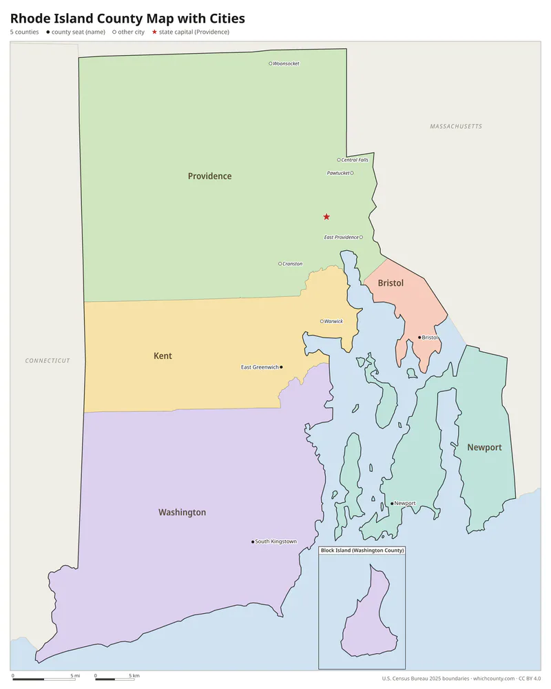 Rhode Island county map with cities and county seats