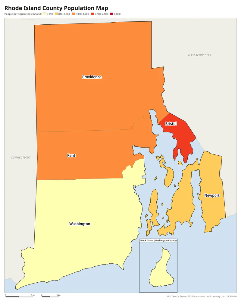 Map of Rhode Island counties shaded by population density