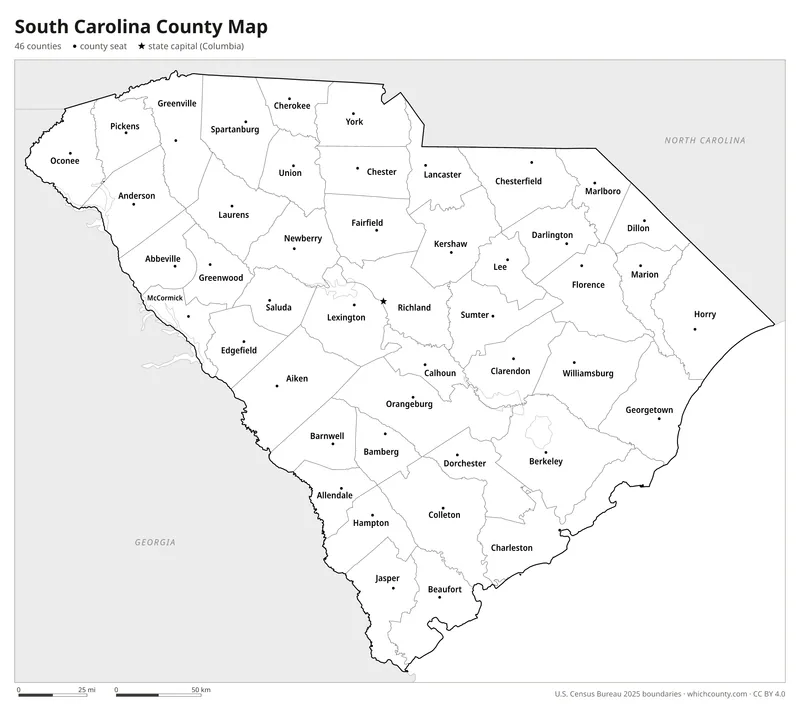 Black and white South Carolina county map