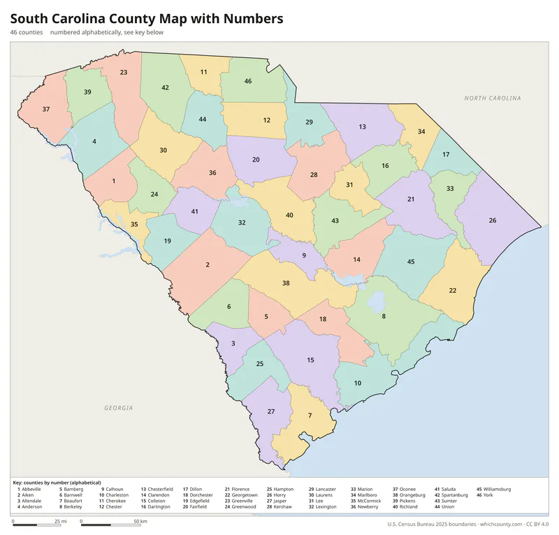 South Carolina county map with numbers