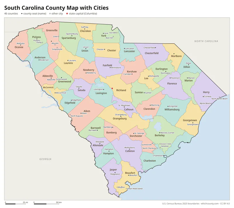 South Carolina county map with cities and county seats