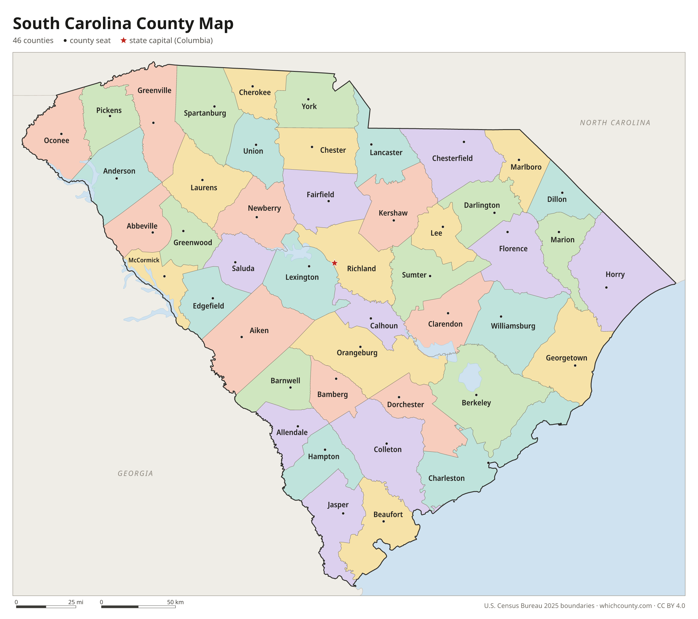South Carolina county map showing all 46 counties with county names and county seats