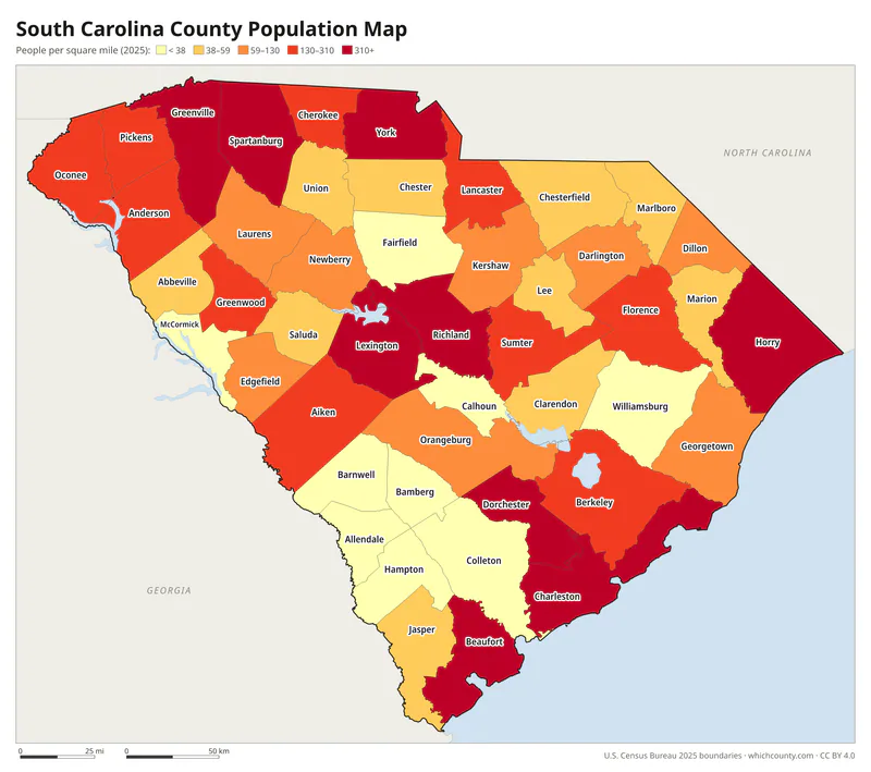 Map of South Carolina counties shaded by population density