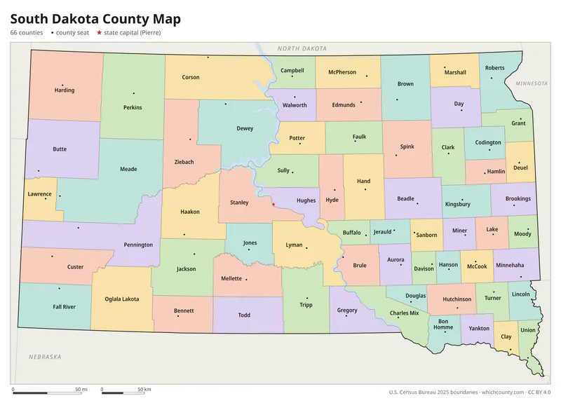 South Dakota county map with all 66 counties labeled