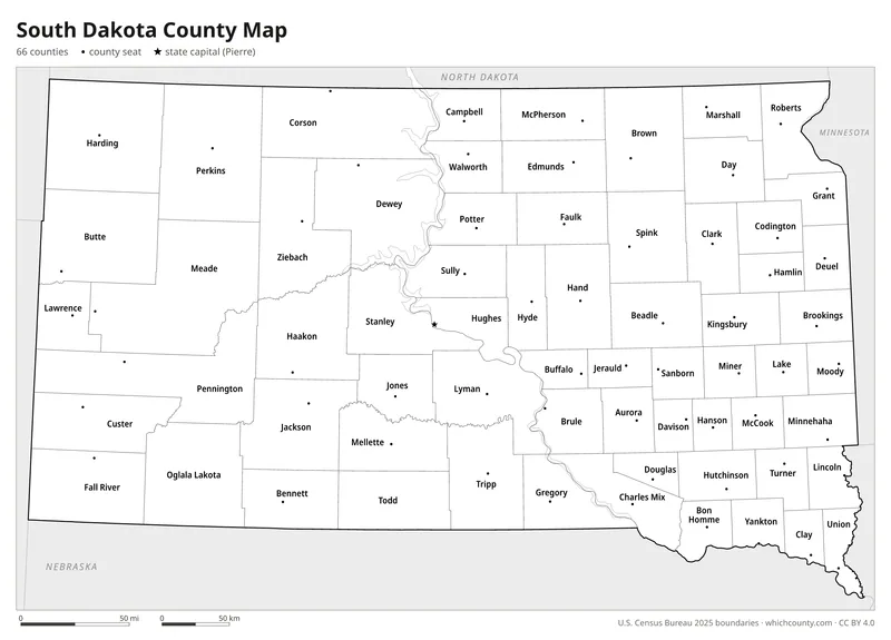 Black and white South Dakota county map