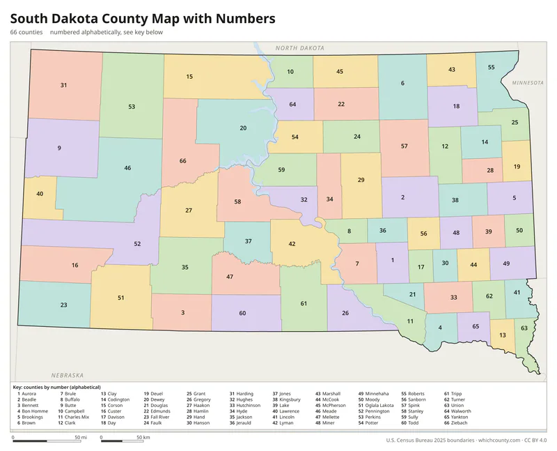 South Dakota county map with numbers