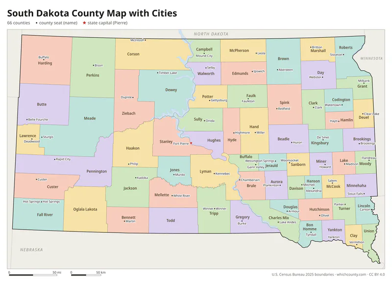 South Dakota county map with cities and county seats