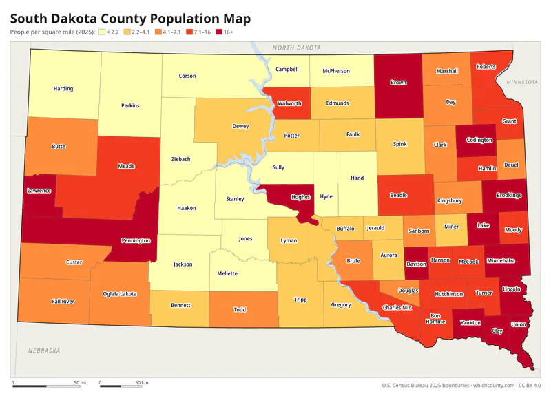 Map of South Dakota counties shaded by population density