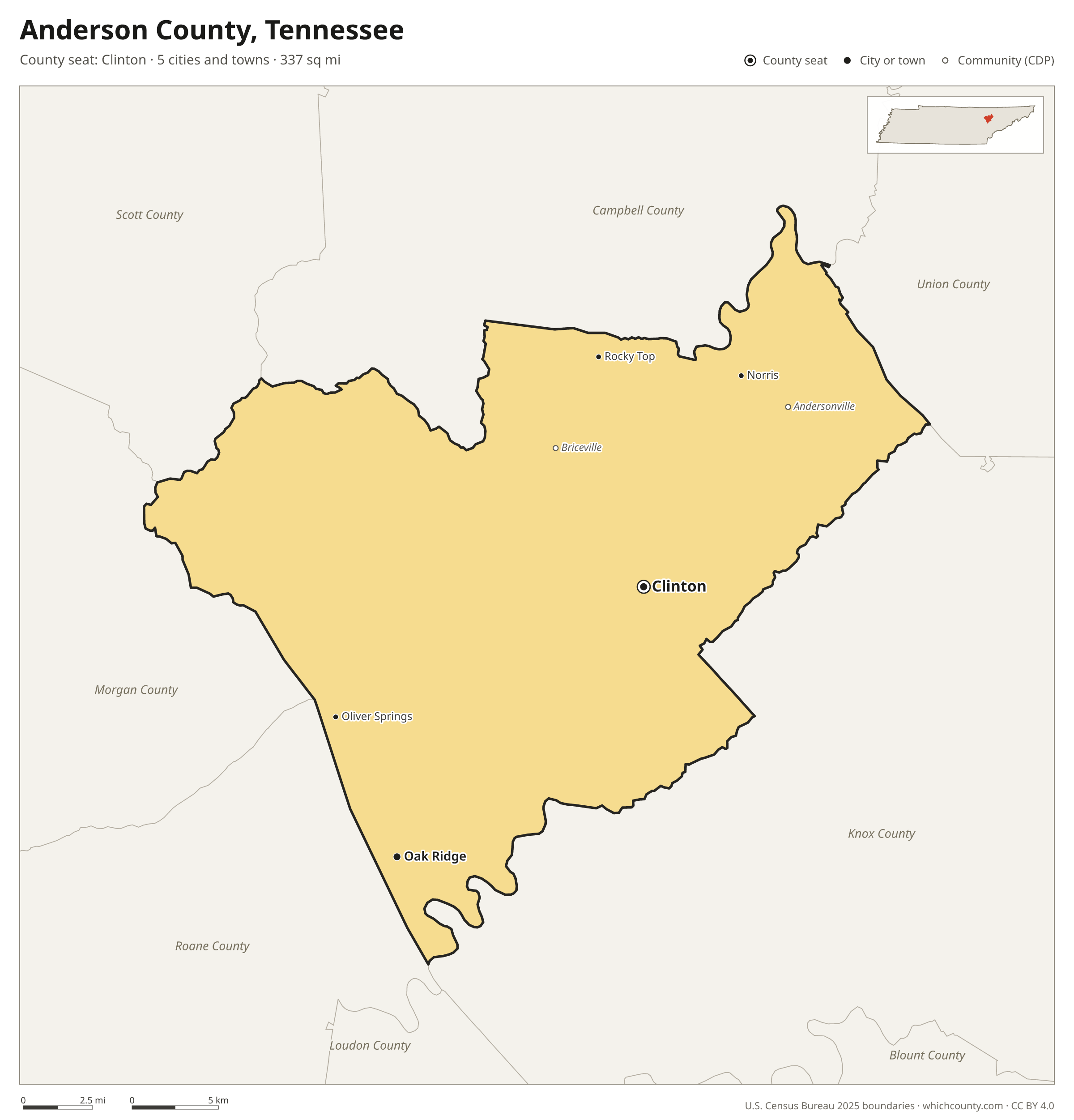 Map of Anderson County, Tennessee with cities, towns and the county boundary