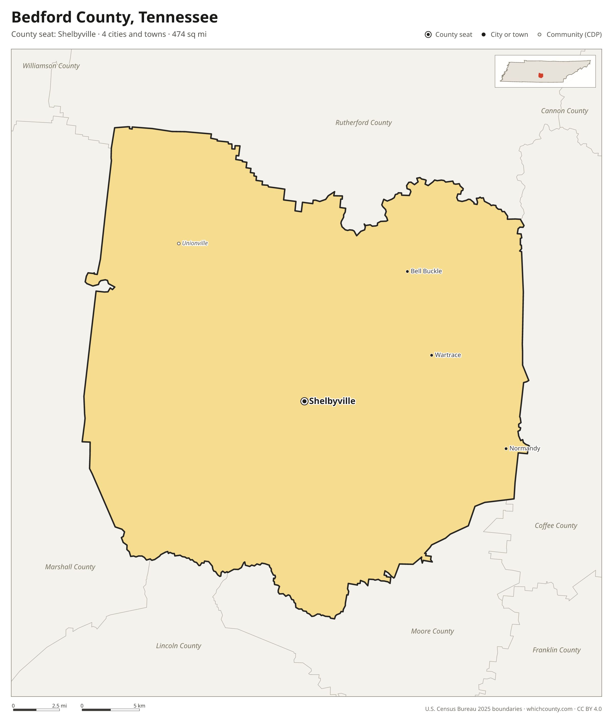 Map of Bedford County, Tennessee with cities, towns and the county boundary
