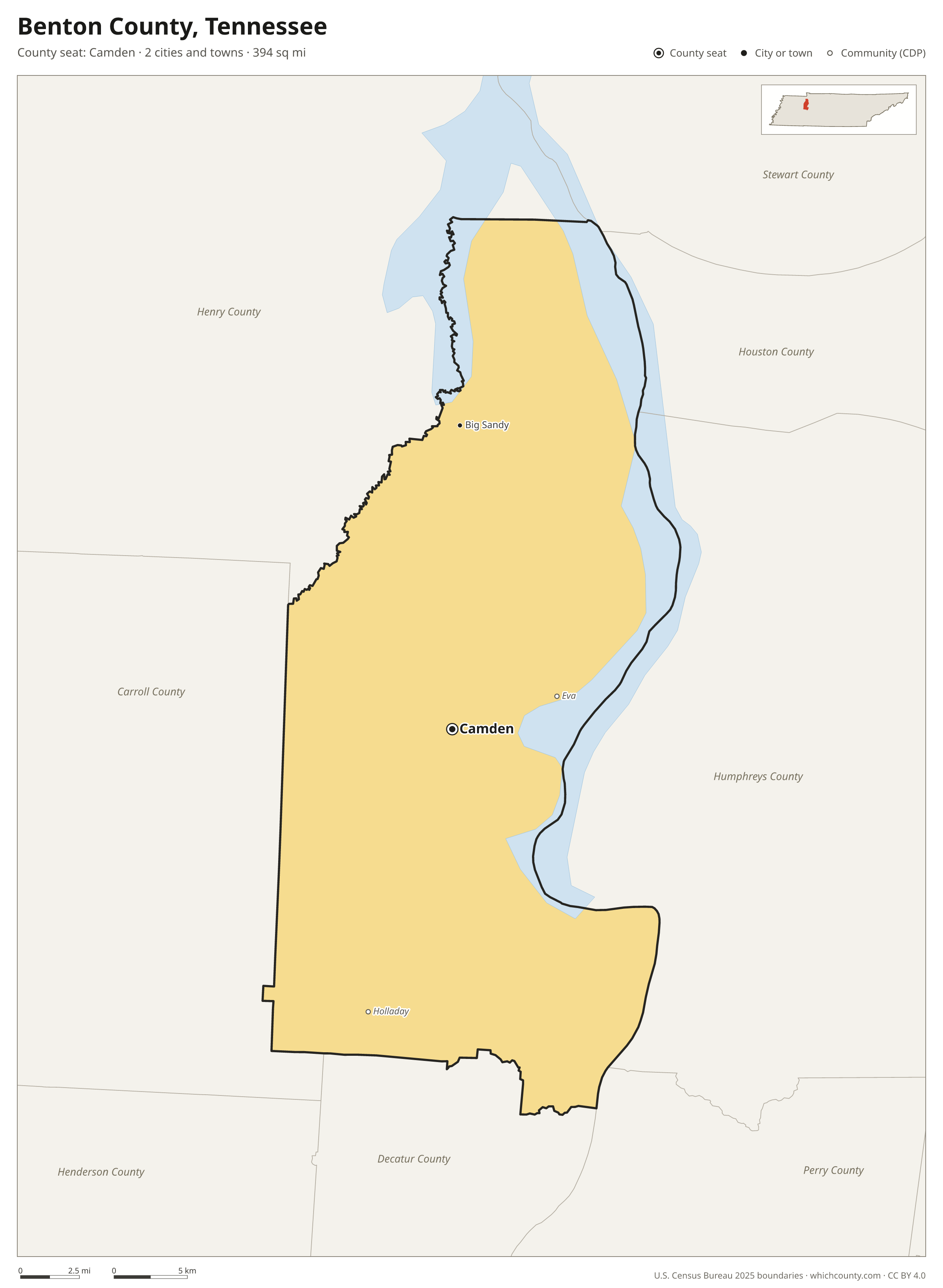 Map of Benton County, Tennessee with cities, towns and the county boundary
