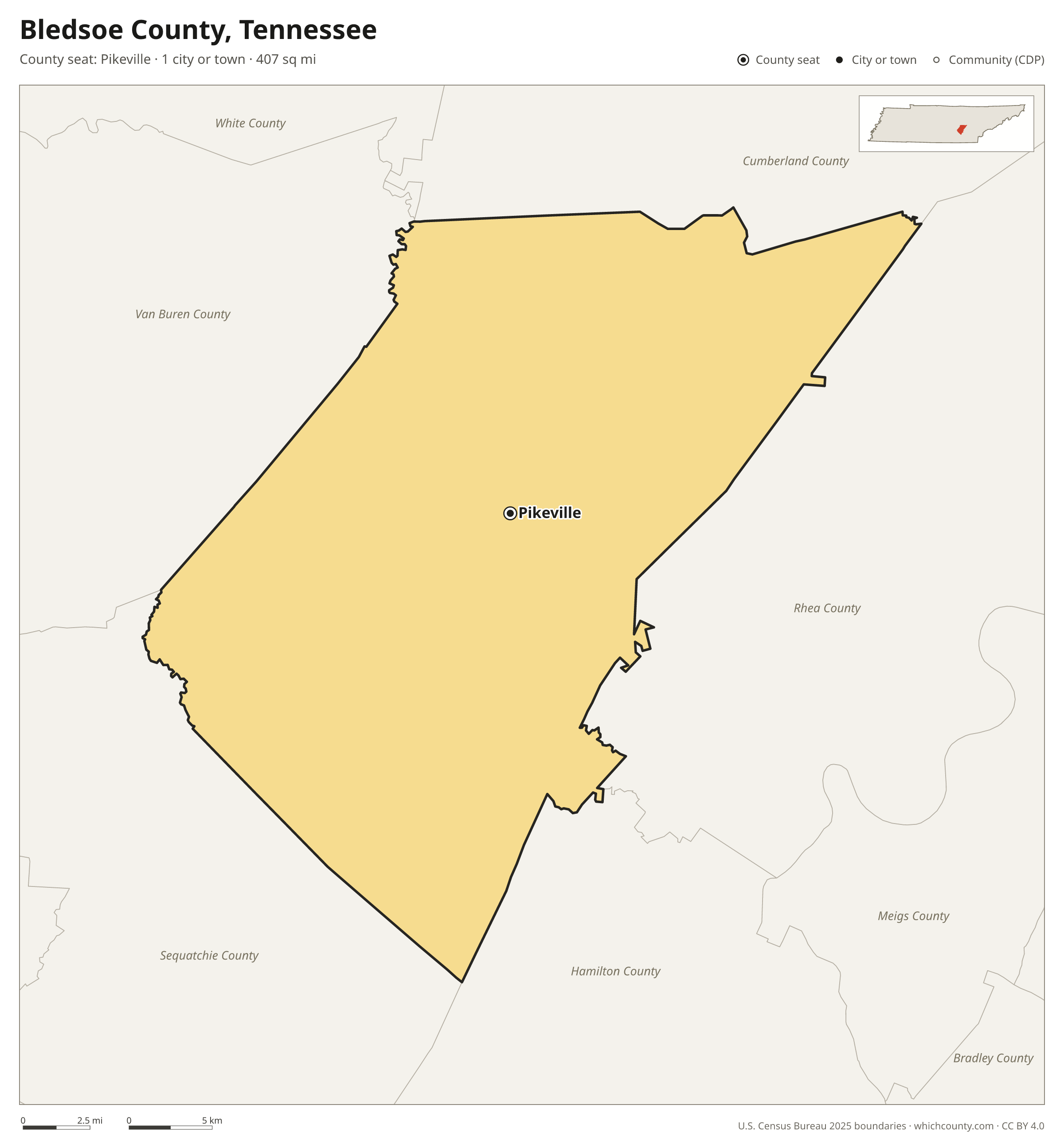 Map of Bledsoe County, Tennessee with cities, towns and the county boundary