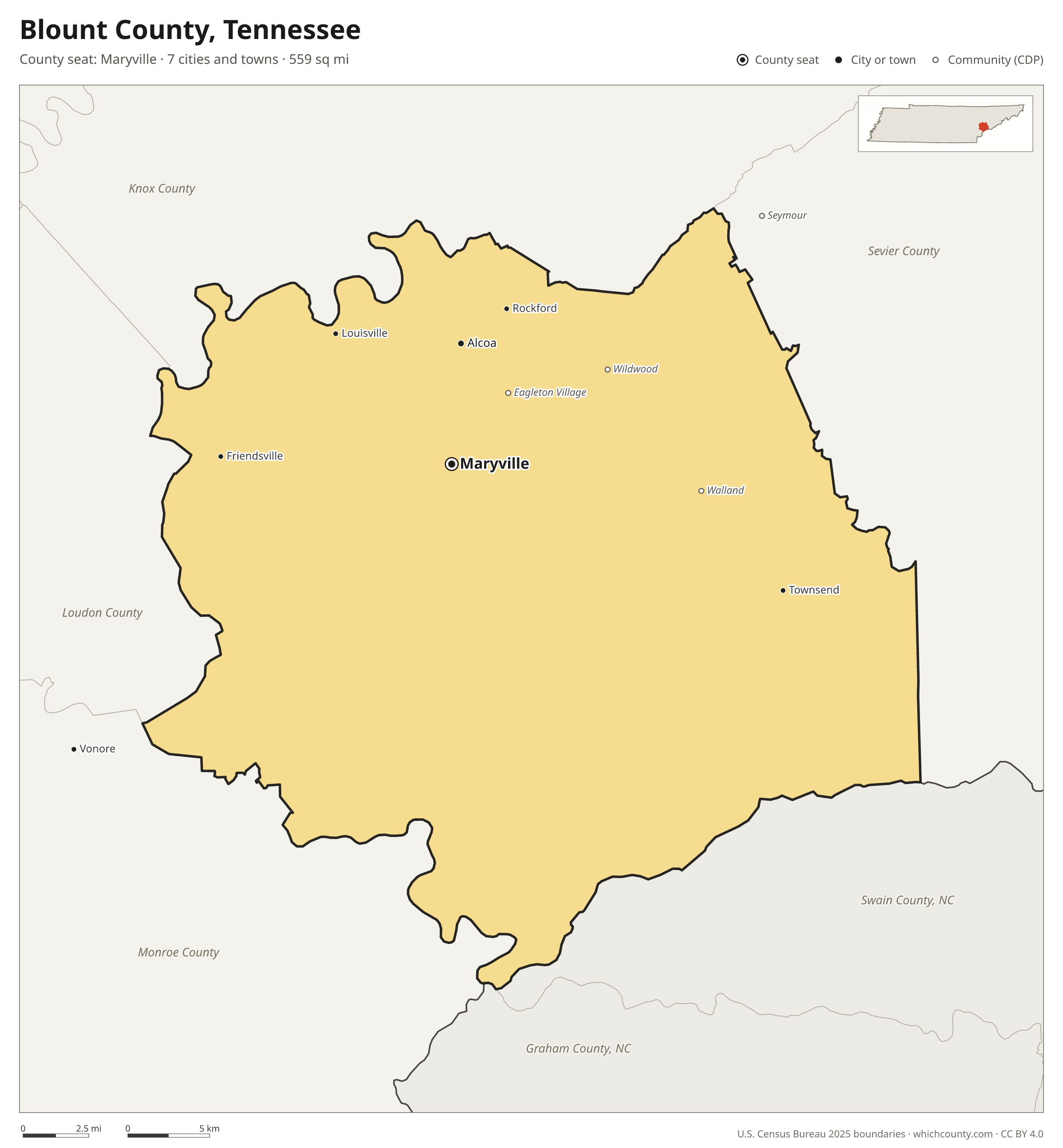 Map of Blount County, Tennessee with cities, towns and the county boundary