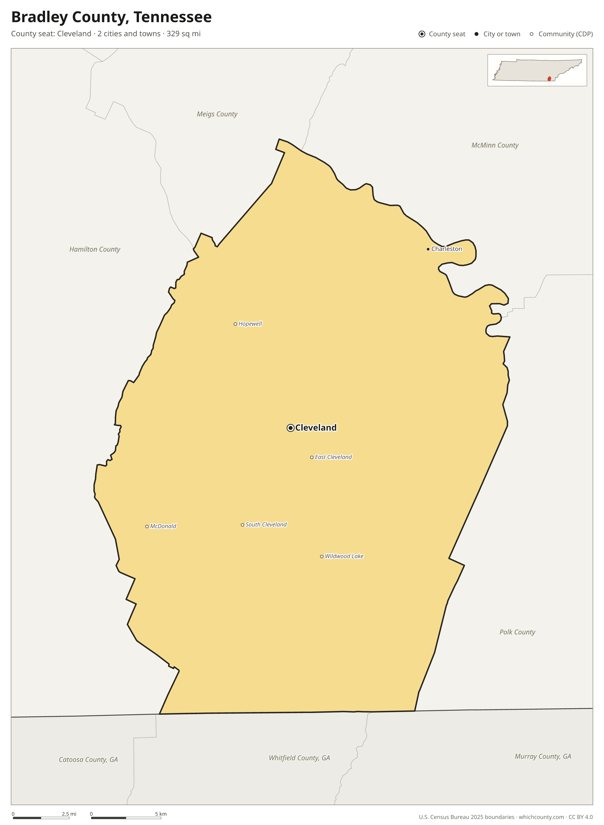 Map of Bradley County, Tennessee with cities, towns and the county boundary