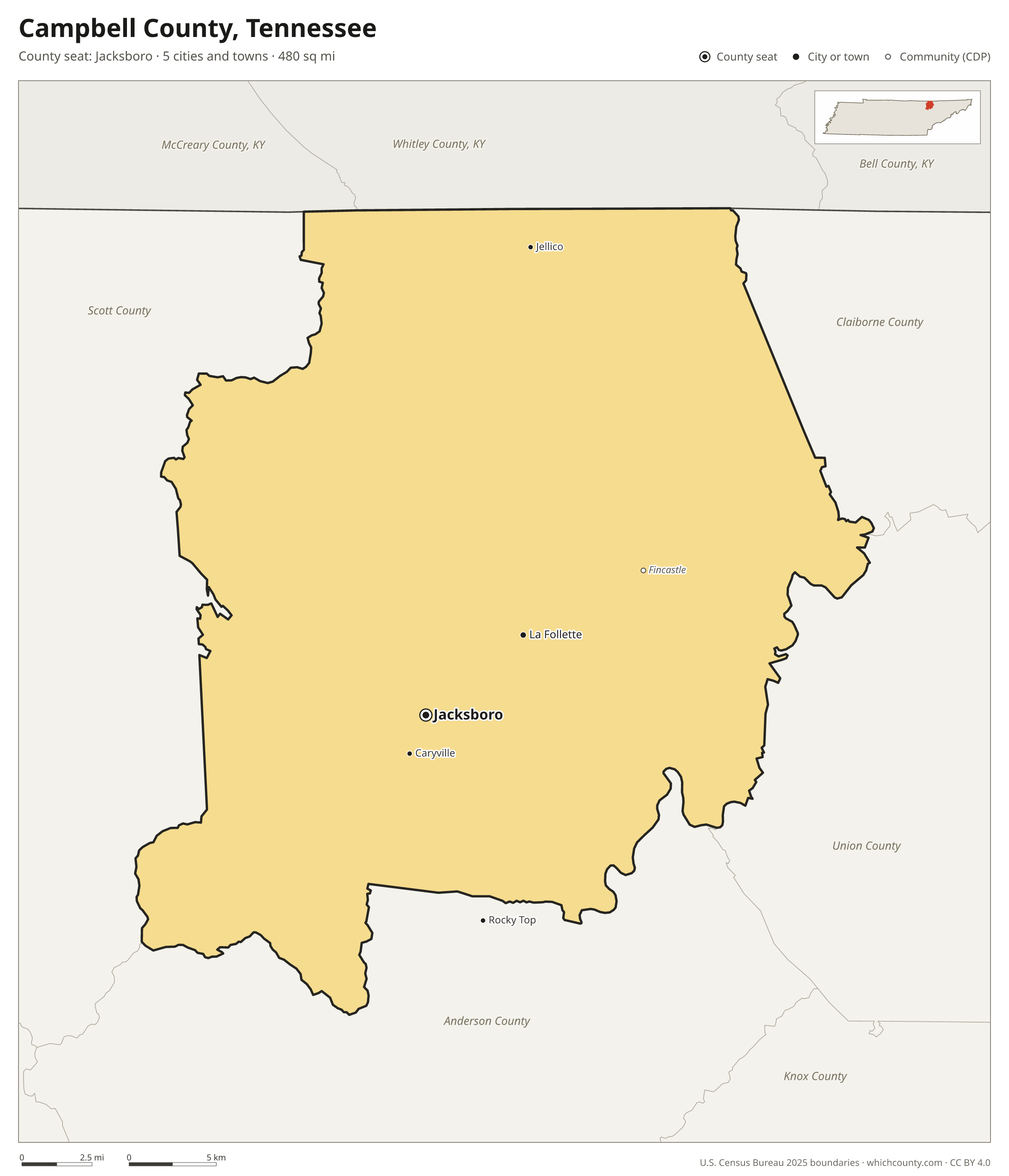 Map of Campbell County, Tennessee with cities, towns and the county boundary
