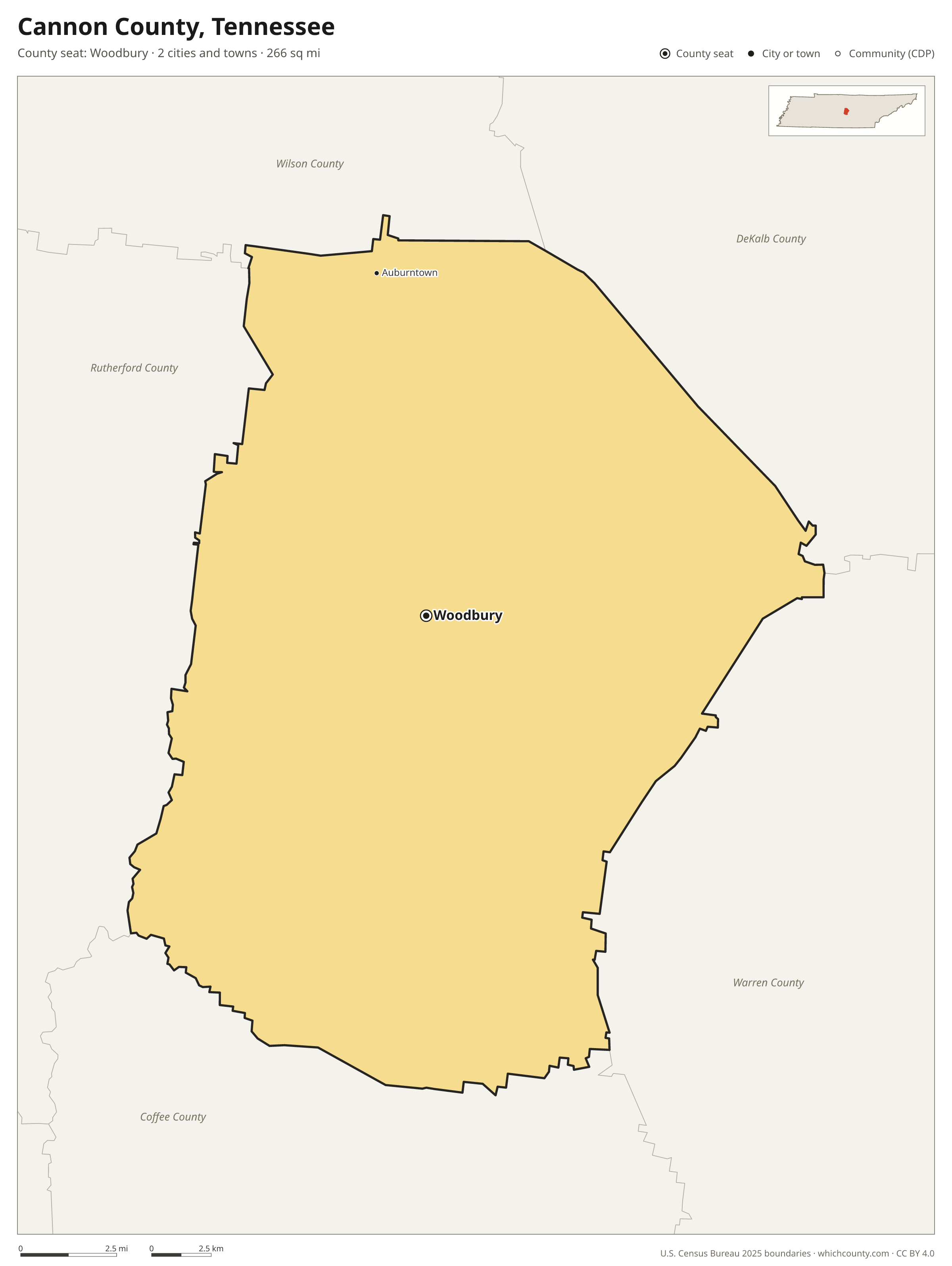 Map of Cannon County, Tennessee with cities, towns and the county boundary